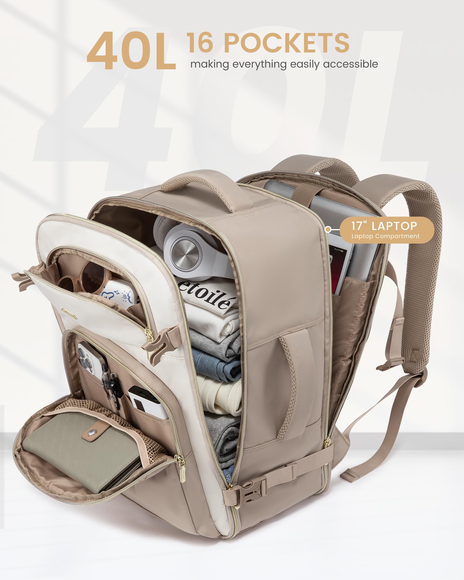 LOVEVOOK 40L Waterproof Travel Backpack for Women & Men - TSA Approved Carry On Backpack with Laptop Compartment & Packing Cubes | Perfect for Airplane Travel, Business Trips & Weekend Getaways