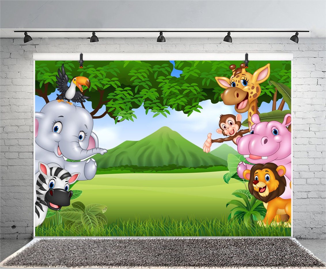 Leyiyi 10x8ft Cartoon Jungle Zoo Photography Backdrop - Elephant Lion Dragon Monkey Grassland Mountain Design for Birthday Party, Baby Shower, Photo Studio & Portrait Background (Vinyl Wallpaper Video Prop) - Perfect for Kids Room Decor, Themed Events & Social Media Content Creation