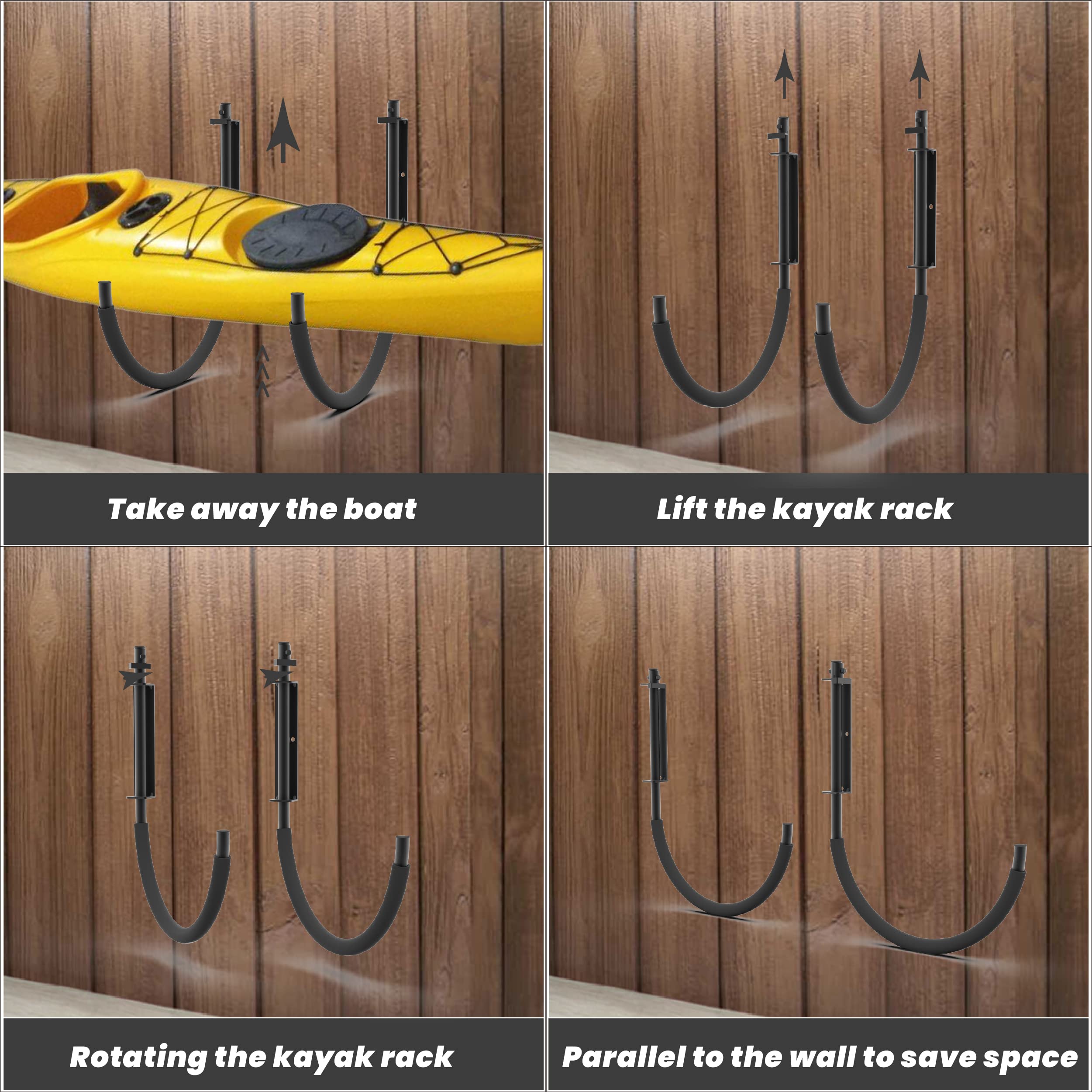 Folding Kayak Wall Mount Rack - Heavy Duty Canoe, Paddleboard, Surfboard & Snowboard Storage Hanger for Indoor & Outdoor Use - Perfect for Garage, Shed or Boat House Organization (1 Set)