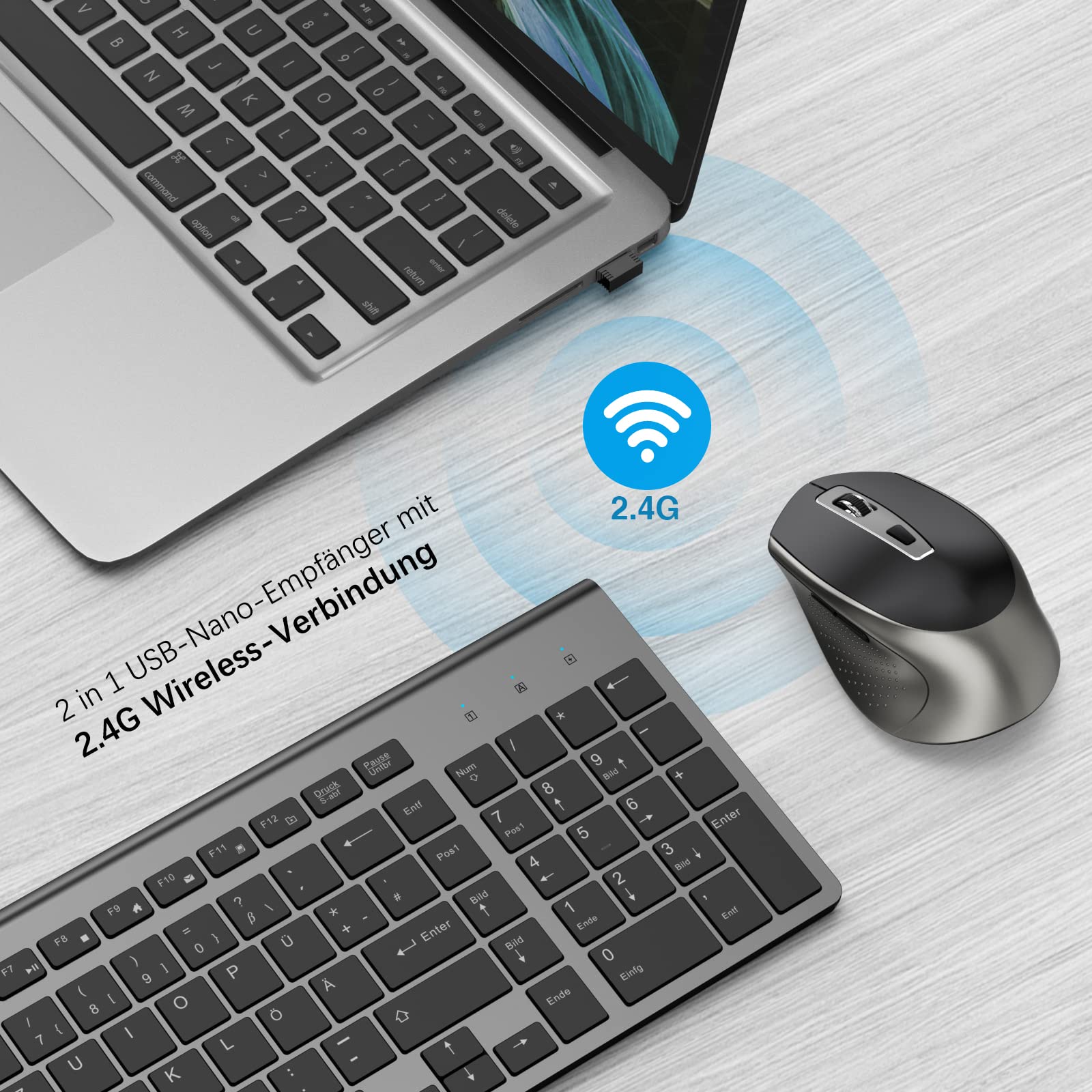 JOYACCESS Wireless Keyboard and Mouse Set, 2.4G Ultra-Thin Keyboard with Mouse, QWERTZ Layout (German), Ergonomic Keyboard Mouse Combo for Computer/Desktop/PC/Laptop - Windows 10/8/7, Black & Gray - Perfect for Office, Home, and Gaming Use
