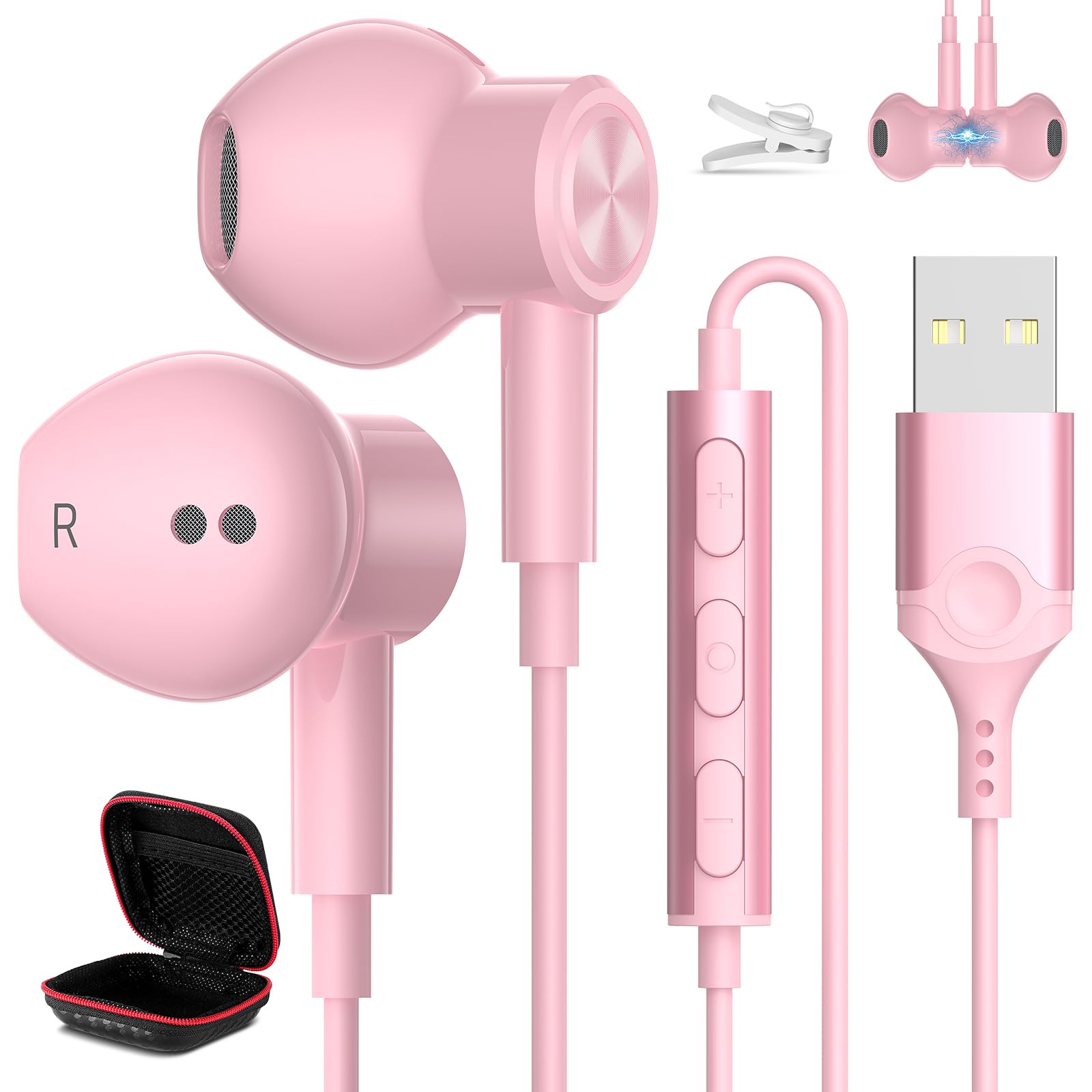 USB Wired Earbuds with MIC & Mute Control - 7.5ft Magnetic Noise Isolating Computer Headset for PC, Laptop, MacBook Pro - Perfect for Gaming, Office Work, School & Zoom Meetings