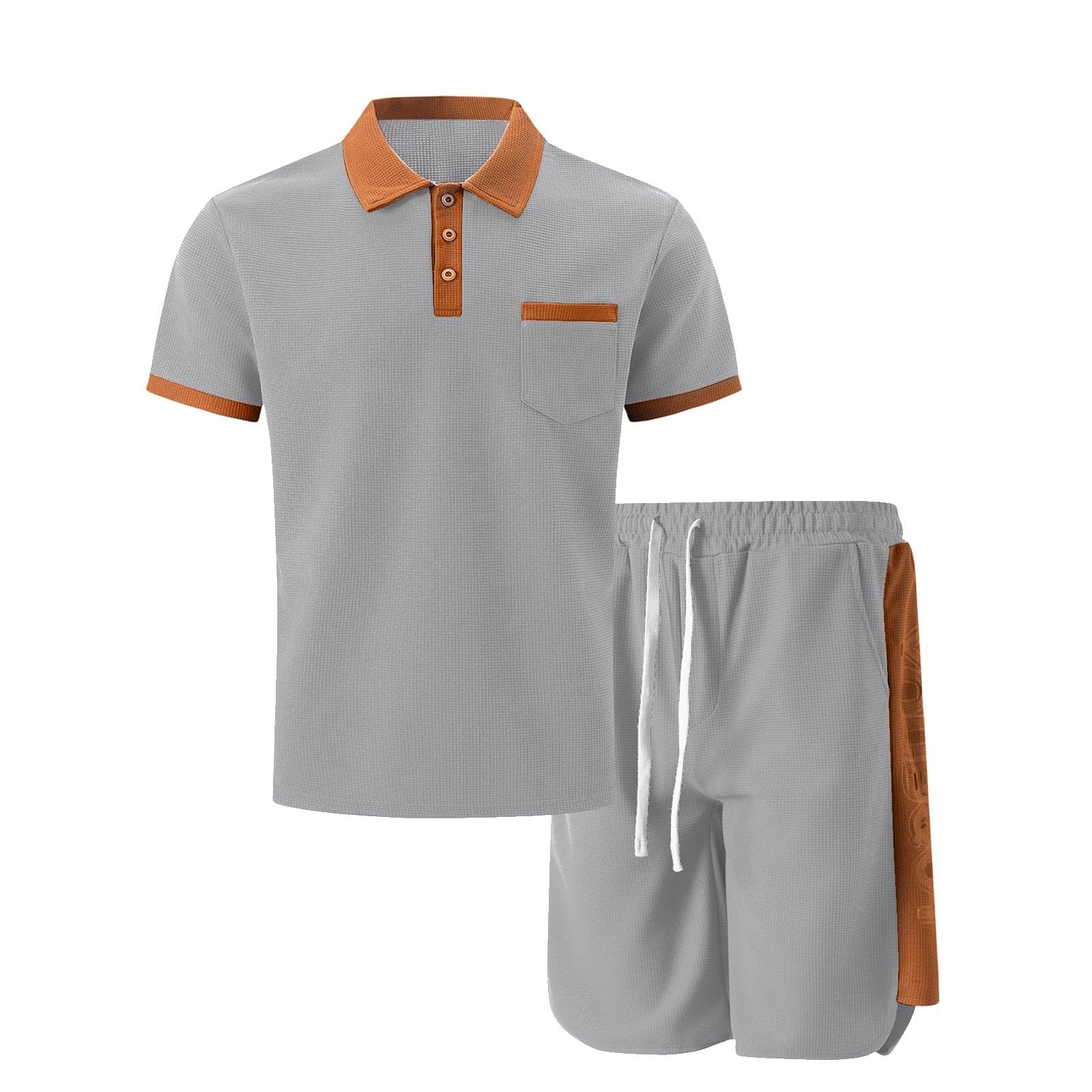 Men's Waffle Knit Tracksuit Set - Short Sleeve Polo Shirt & Athletic Shorts | Summer Casual Sportswear for Gym, Running & Lounge Wear