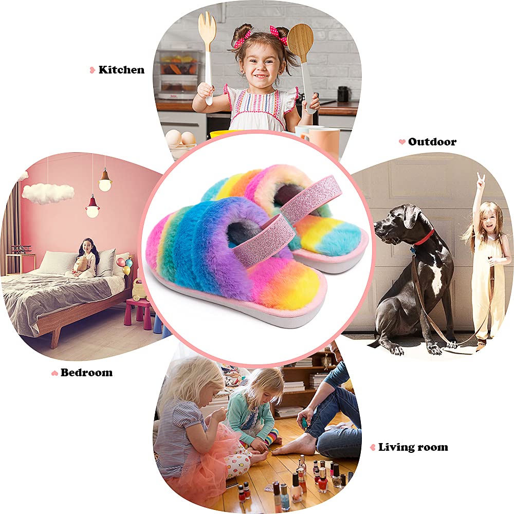**Soft Fuzzy Kids Slippers for Boys & Girls - Cozy Open-Toe Faux Fur Slides with Adjustable Strap - Non-Slip Indoor House Shoes for Toddlers & Children - Perfect for Playtime, Lounging & Home Comfort**