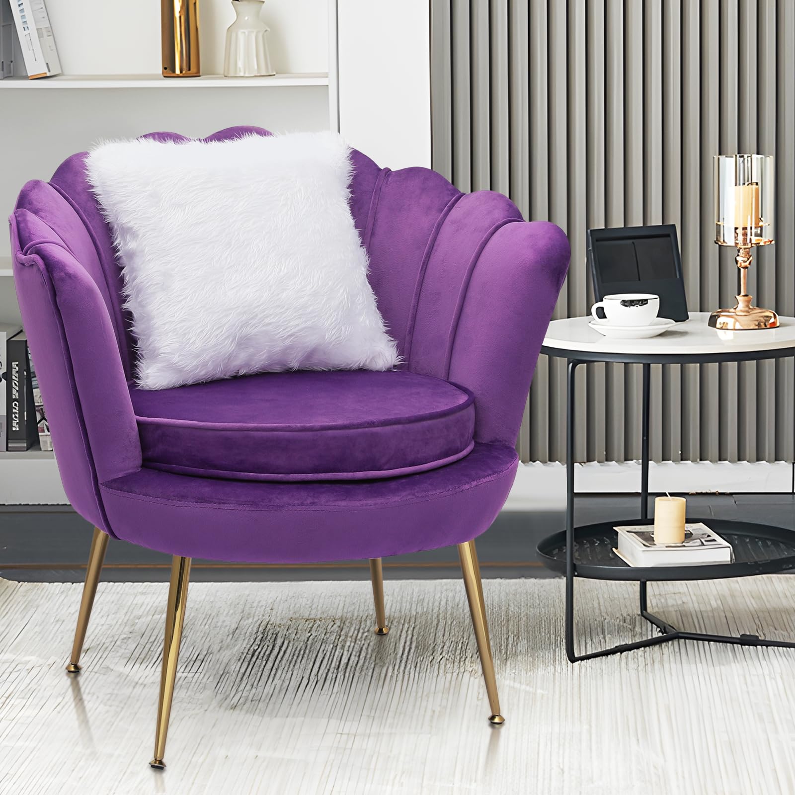 Velvet Accent Chair with Golden Legs & Soft Pillow - Purple Upholstered Armchair for Vanity, Makeup, Living Room, Bedroom & Reading Room - Elegant Seating for Home Decor & Relaxation
