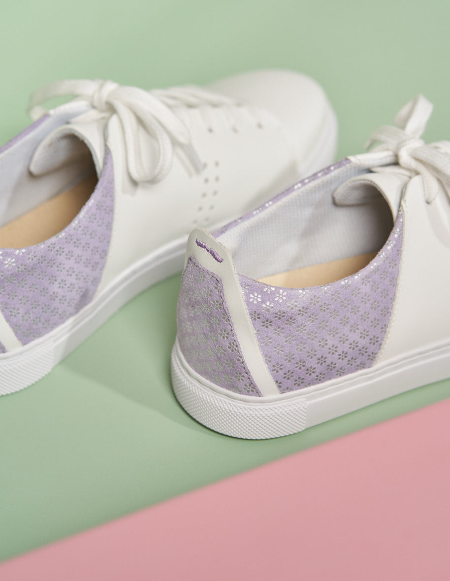 Renée White Leather and Lilac Floral Suede Low Baskets - Perfect for Casual Outings, Spring Fashion, and Everyday Wear