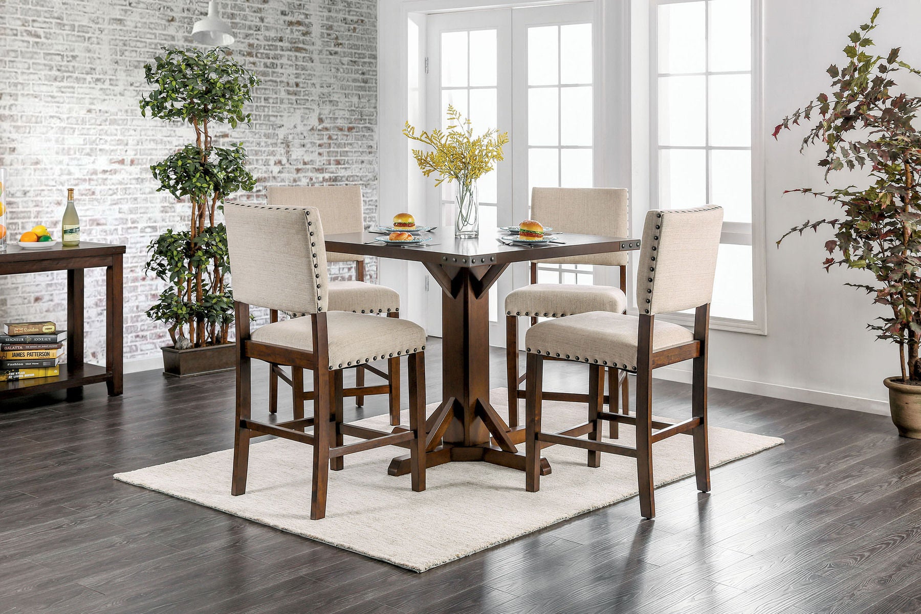 2-Piece Classic Counter Height Dining Chairs Set - Ivory Linen Upholstered with Padded Cushion & Nailhead Trim - Solid Cherry Wood Frame - Perfect for Kitchen Island, Breakfast Nook & Small Dining Spaces