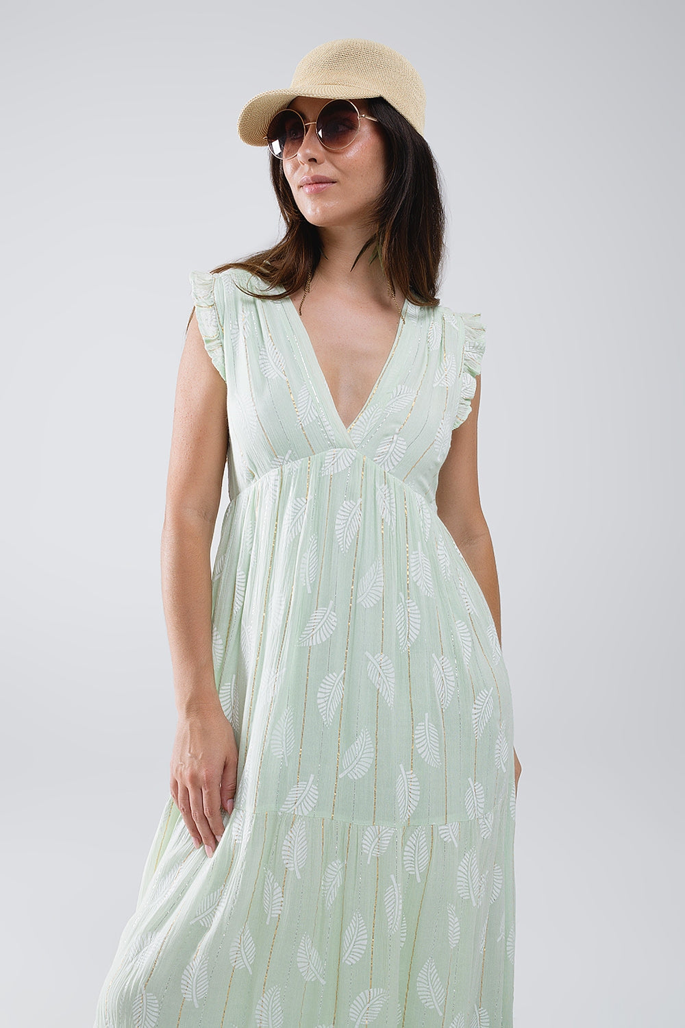 Boho Leaf Print Mint Lurex Long Babydoll Robe - Elegant Loungewear for Women, Perfect for Relaxing at Home or Spa Days