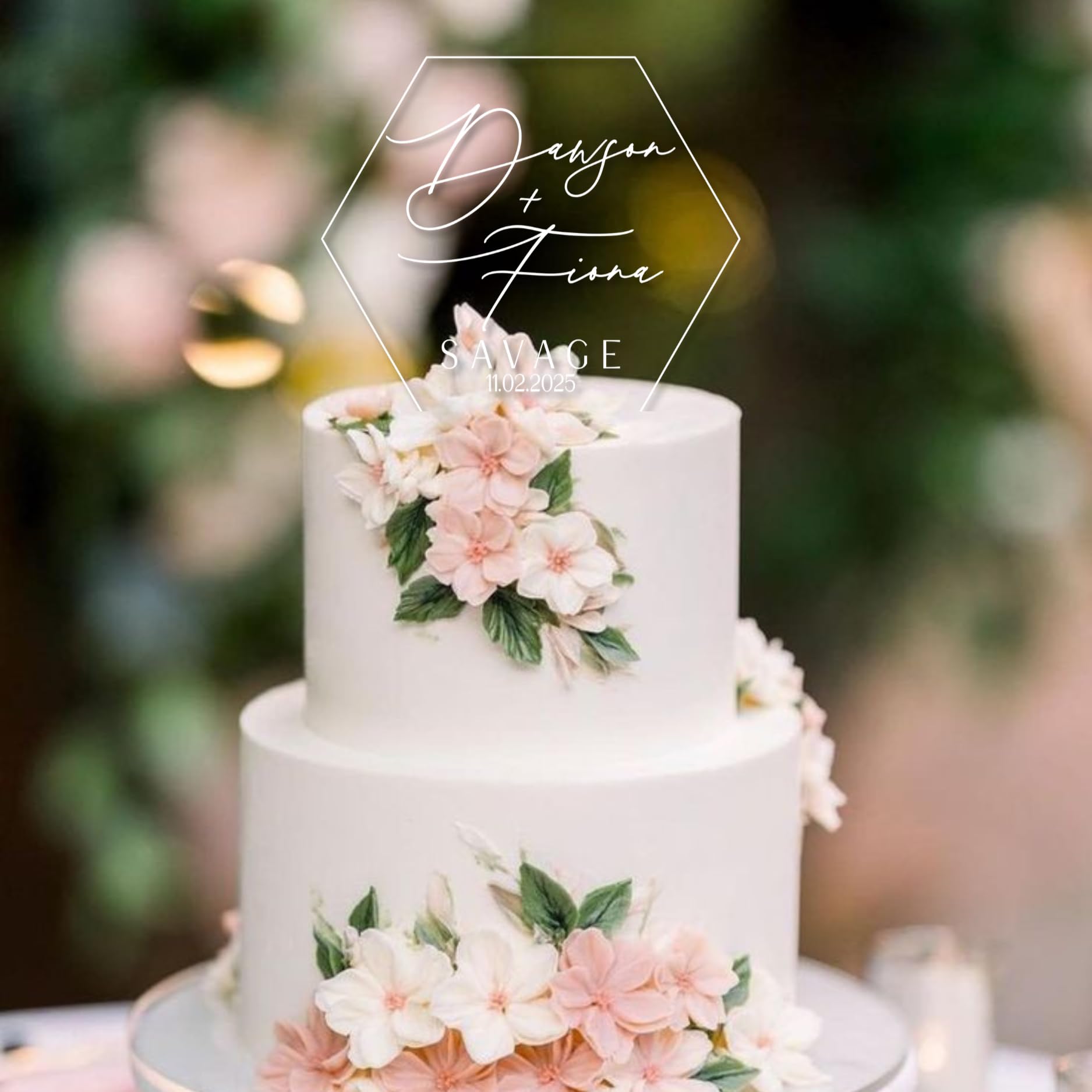 Custom Personalized Acrylic Wedding Cake Topper with Names - Hexagonal Design with Leaf Accents - Perfect for Wedding Cakes, Anniversary Cakes & Special Occasions