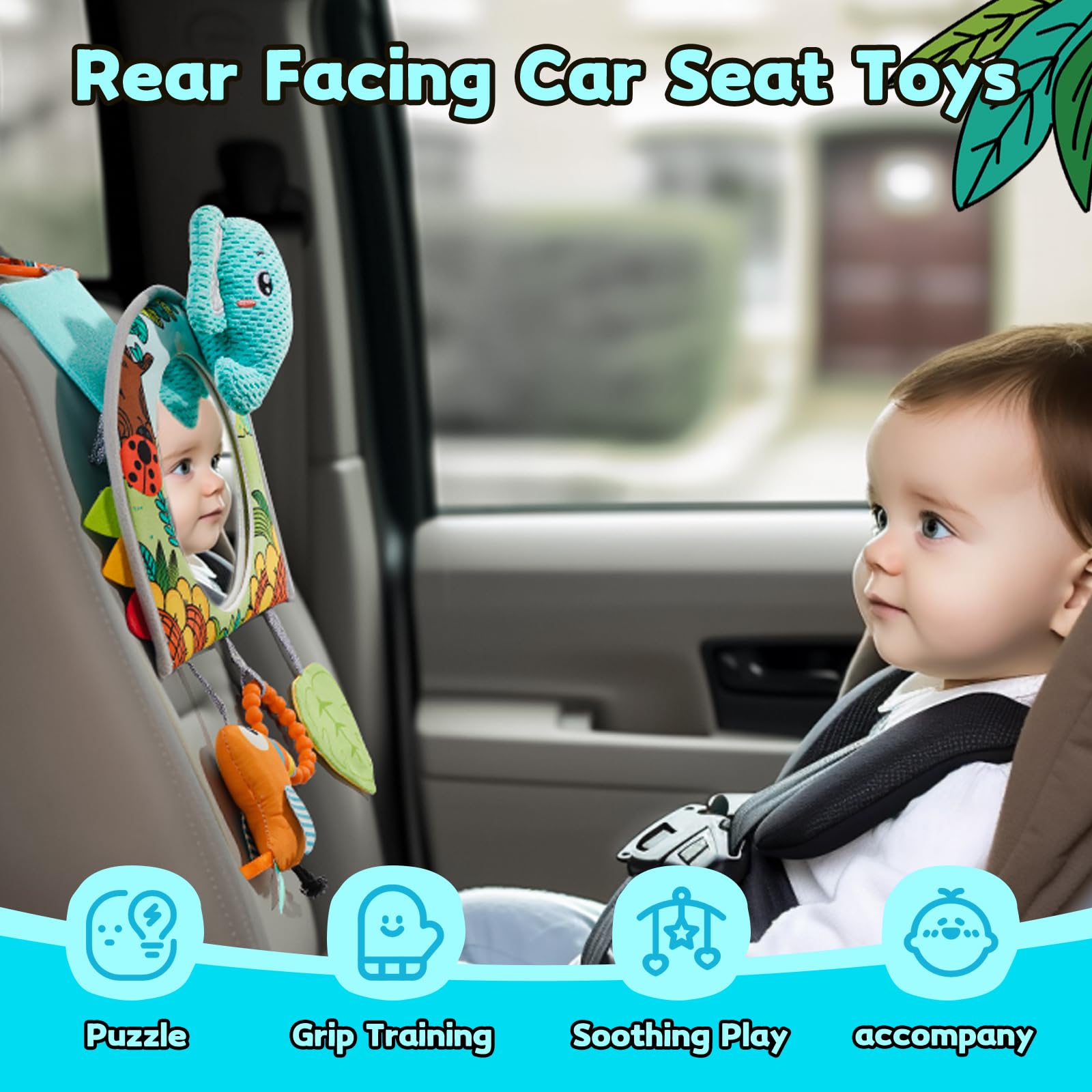 Baby Car Seat Toys - Mirror, Teether & Crinkle Paper for Travel & Tummy Time