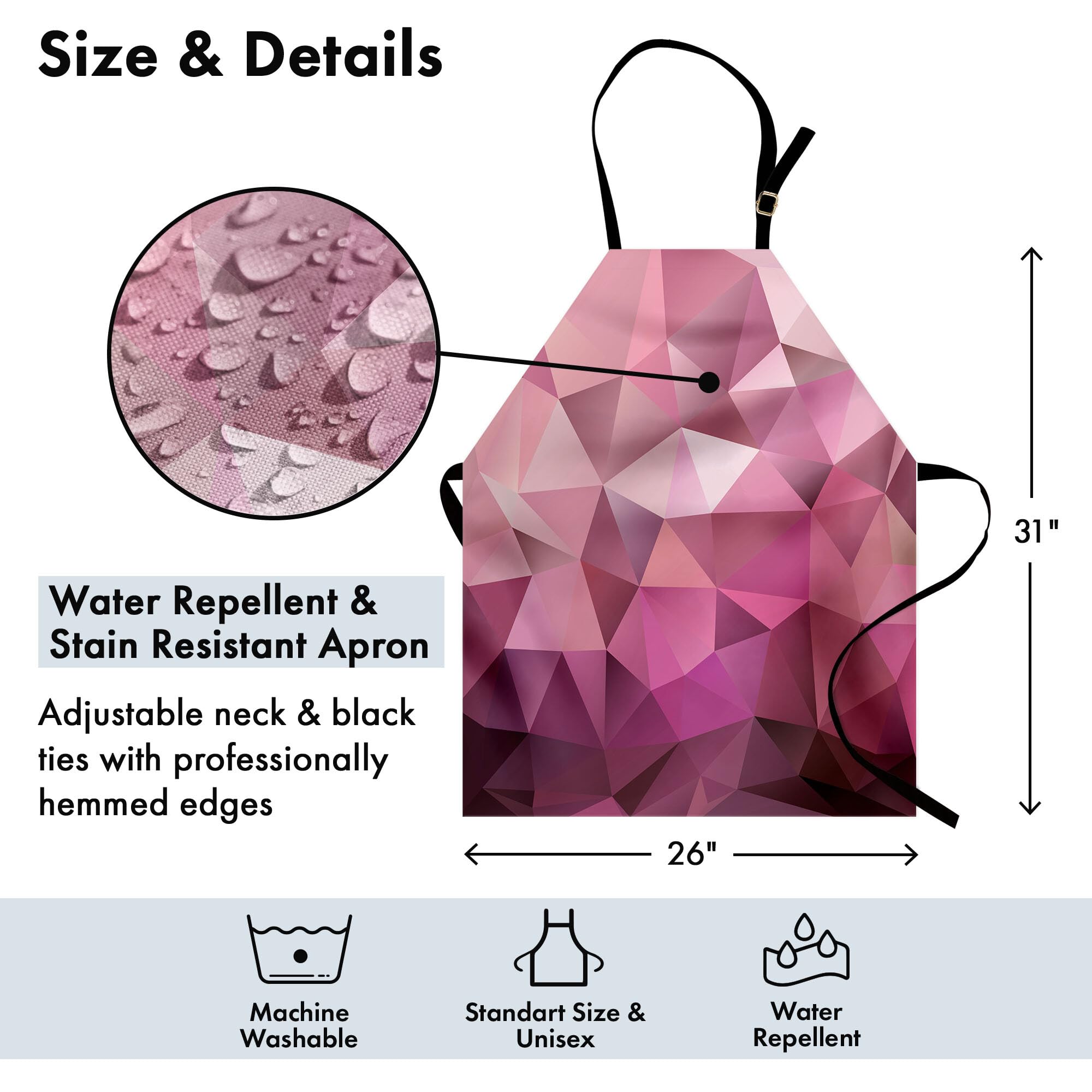 Ambesonne Abstract Triangle Geometric Print Unisex Kitchen Apron - Adjustable Neck Bib for Cooking, Baking, Gardening - Rose Pink Monochrome Design - Perfect for Home Chefs, BBQ Parties & Art Workshops