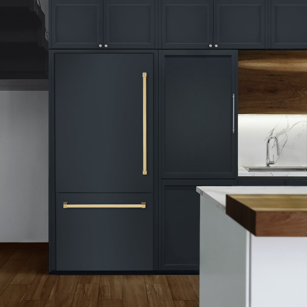 ZLINE Autograph Edition 36 Inch Built-In Bottom Freezer Refrigerator - 19.8 cu.ft Panel Ready, Water Dispenser & Ice Maker, Graphite Gray Interior with Polished Gold Accents (GRBITZ 36 G) - Perfect for Modern Kitchens and Luxury Homes