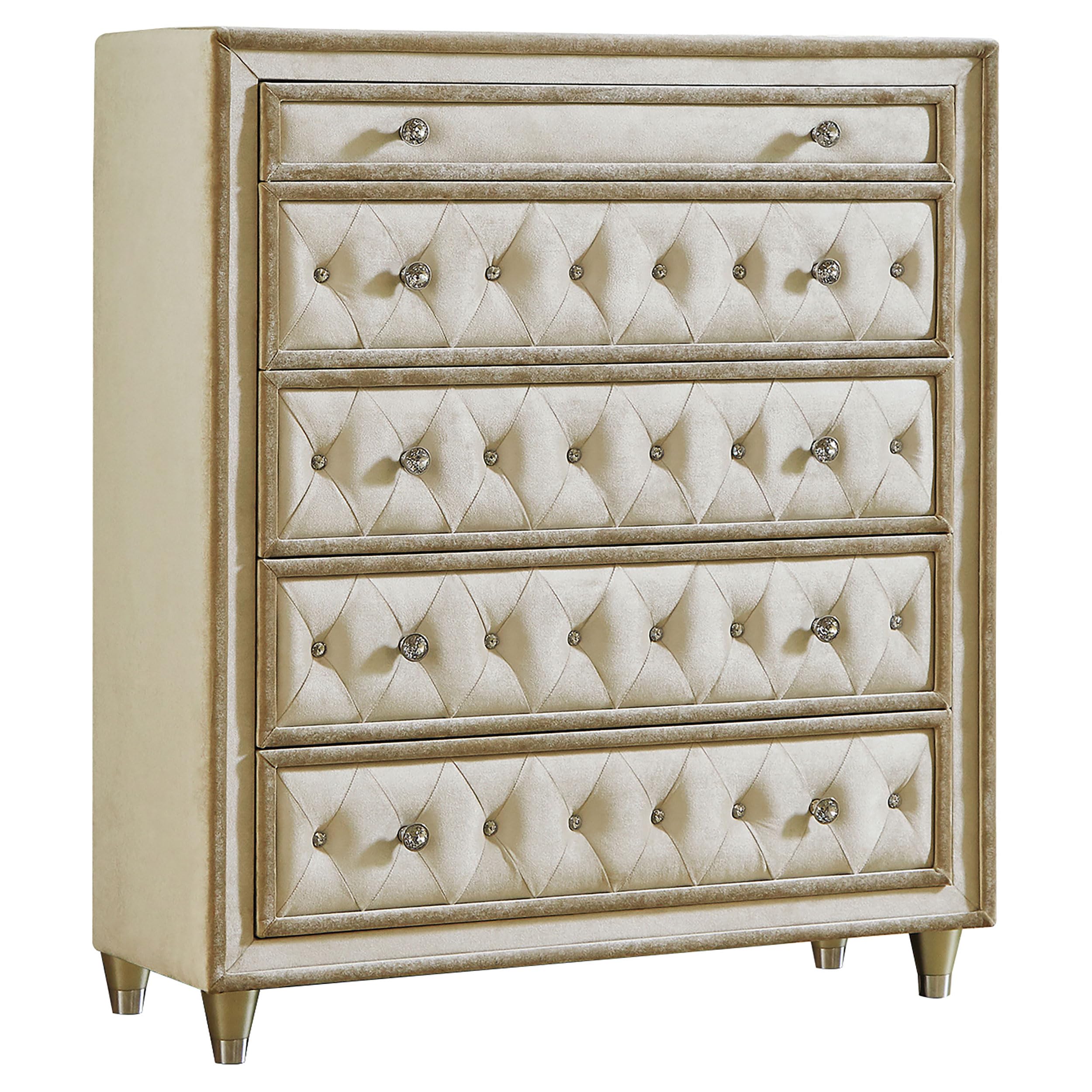 Coaster Home Furnishings Antonella Modern Classic Upholstered 5-Drawer Dresser - Ivory & Camel Tall Chest of Drawers for Bedroom, Clothing Storage Cabinet, Organizer Unit | Perfect for Master Bedroom, Guest Room & Apartment Furniture
