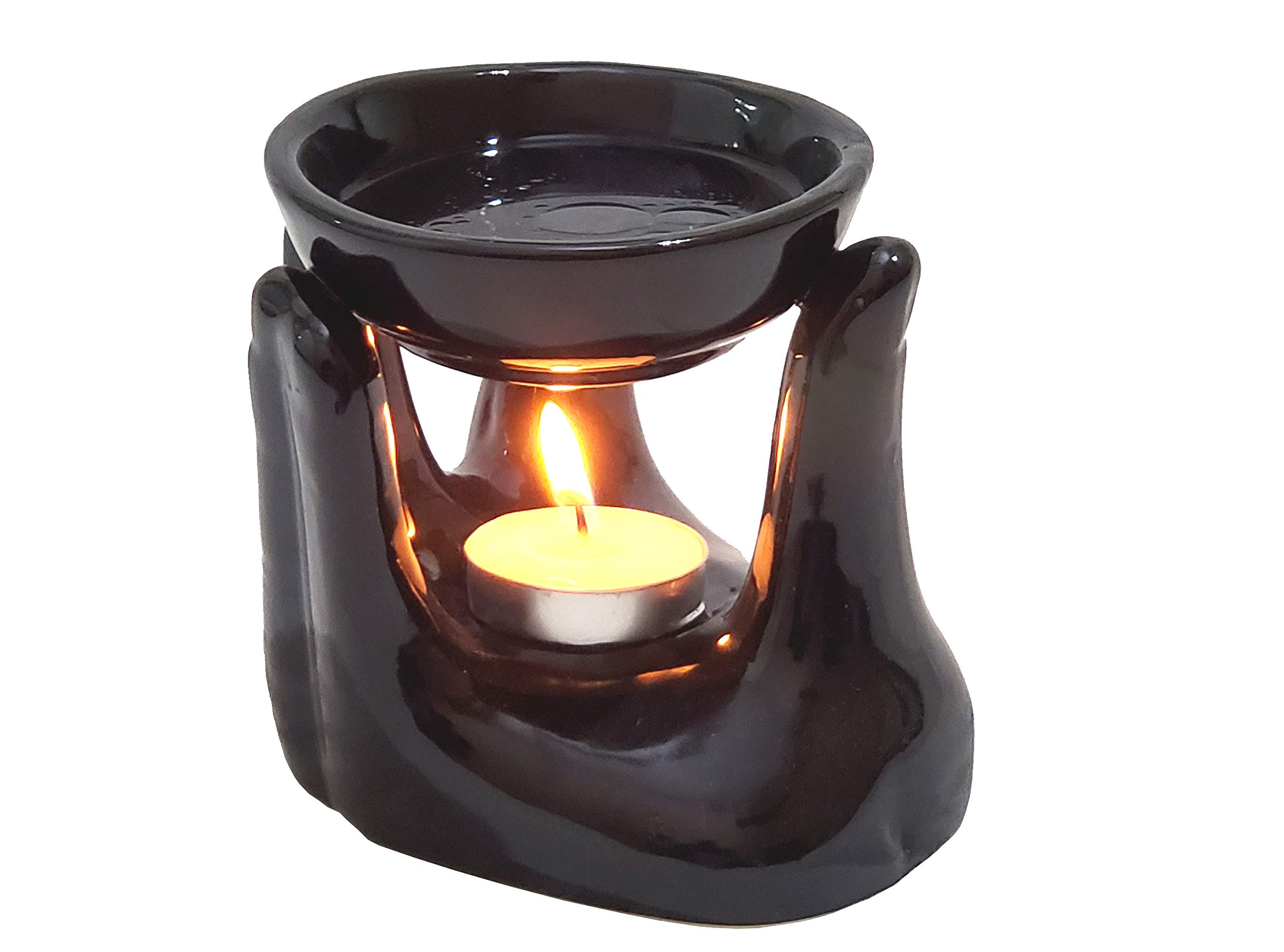 Pure Source India Porcelain Oil Burner with Tea Light Candle - Aromatherapy Diffuser for Home, Office, Yoga & Meditation (Black)