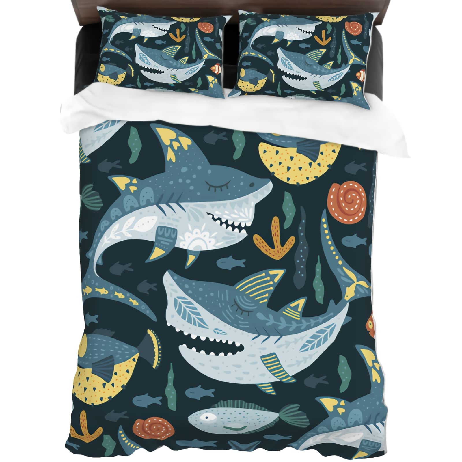 GREDBH Cartoon Shark Bedding Set - Ocean Fish Themed Duvet Cover for Kids & Teens - Twin Size with 1 Comforter Cover & 2 Pillowcases - Perfect for Boys' Room Decor & Marine Theme Bedroom Design
