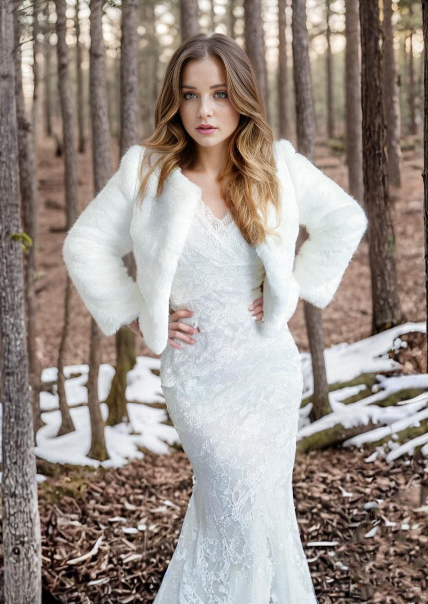 Ivory Faux Fur Bridal Jacket for Women - Elegant Winter Wedding Coat with Shawl Collar (Anna Ivy05) | Perfect for Bridal Party, Winter Weddings & Formal Events