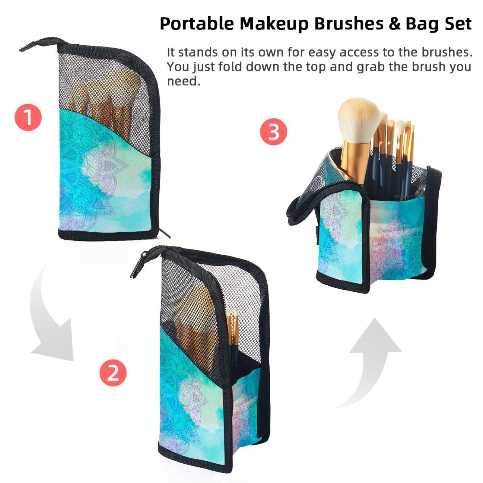 Watercolor Flower Pink Blue Mandala Makeup Brush Organizer Bag with 12 Brushes - Portable Travel Makeup Brush Holder Case for Professional Artists & Beginners - Perfect for Home, Travel, Salon & Makeup Classes