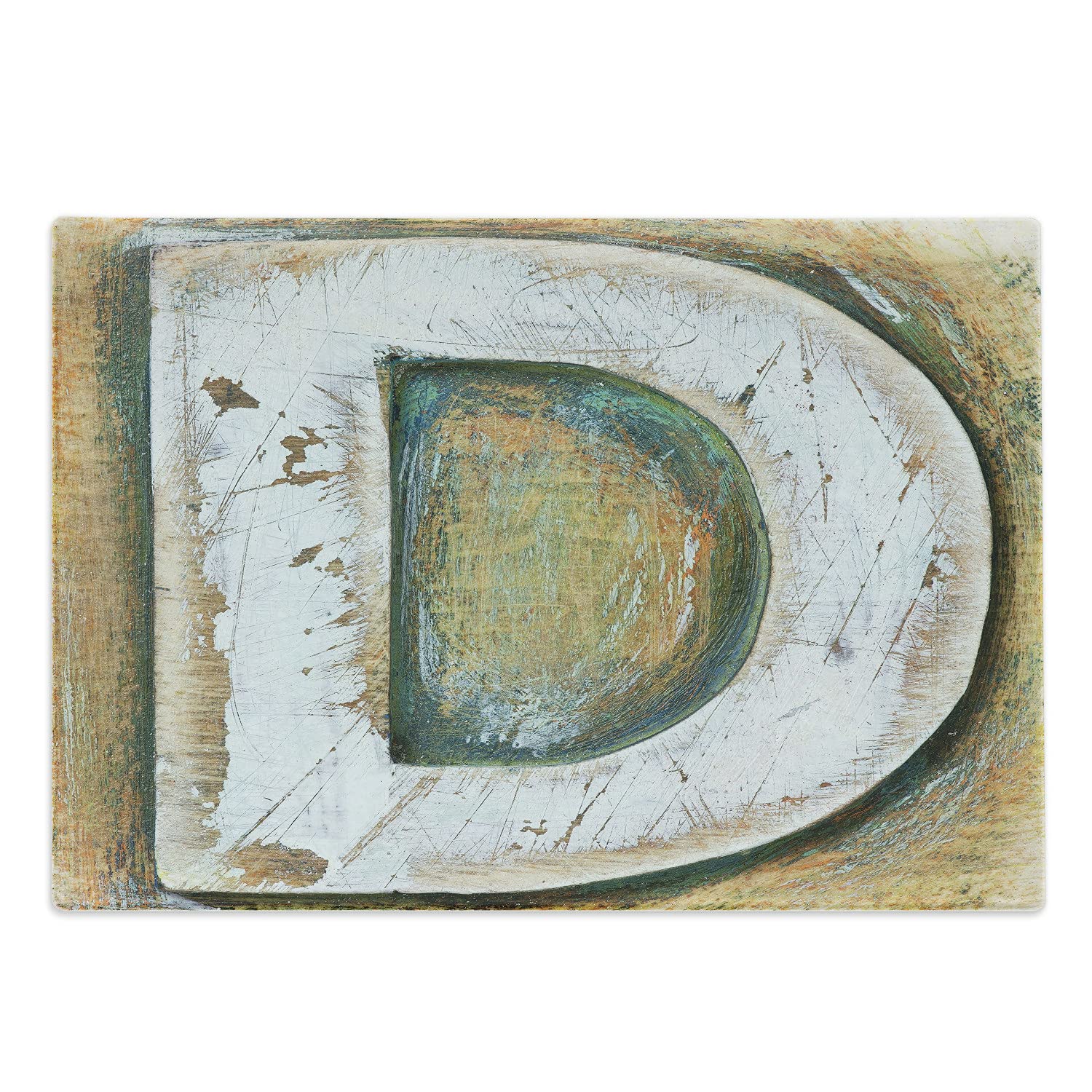 Ambesonne Letter D Cutting Board - Rustic Initial D Capital Letter Name with Vintage Grunge Effects - Decorative Tempered Glass Serving Board - Large Size (Pale Orange Green White) - Perfect for Kitchen Decor, Housewarming Gifts & Charcuterie Displays