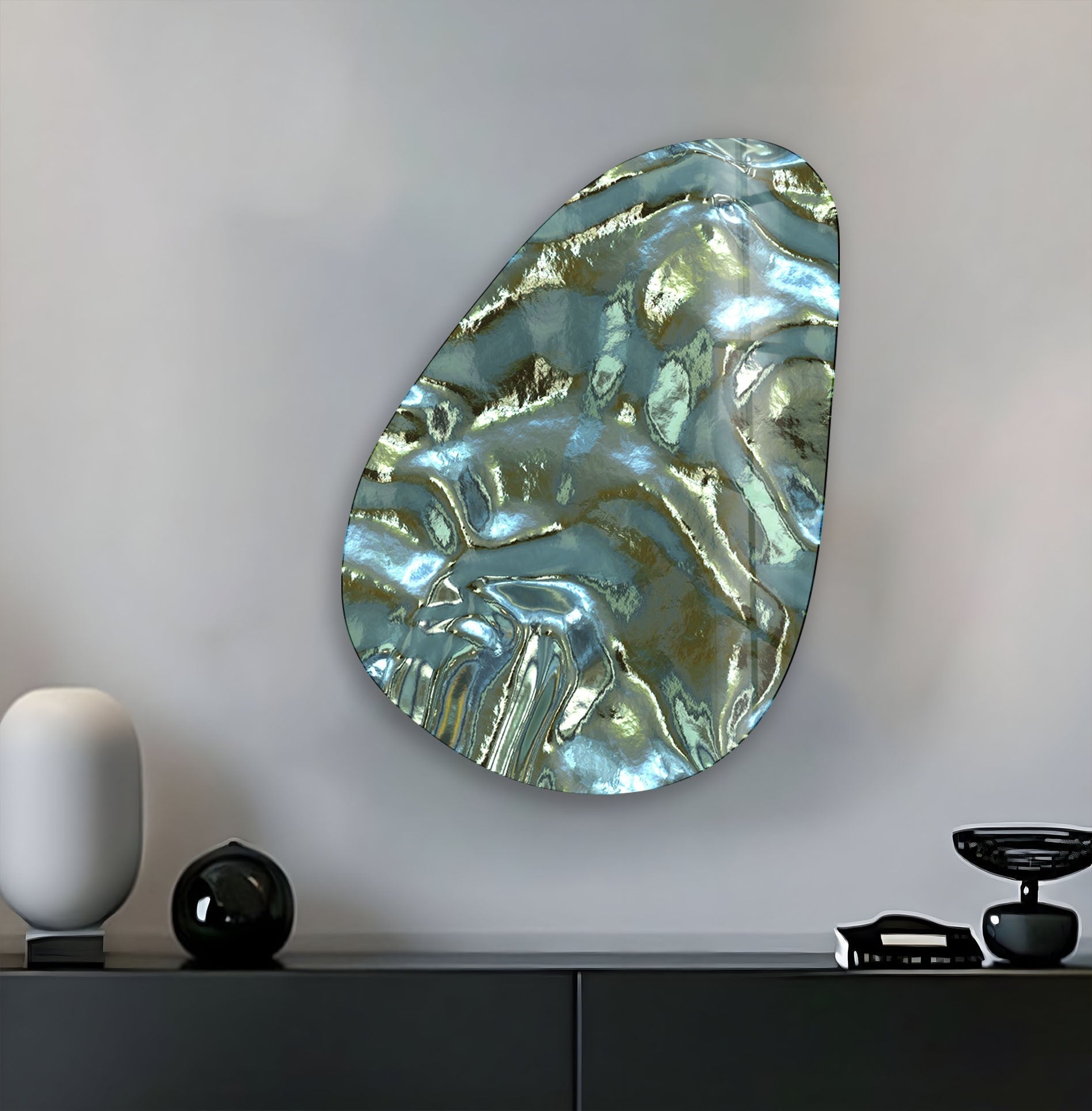 Abstract Glass Wall Art - Modern Asymmetrical Oval Shiny Decor for Living Room, Bedroom & Office | Contemporary Home Decoration