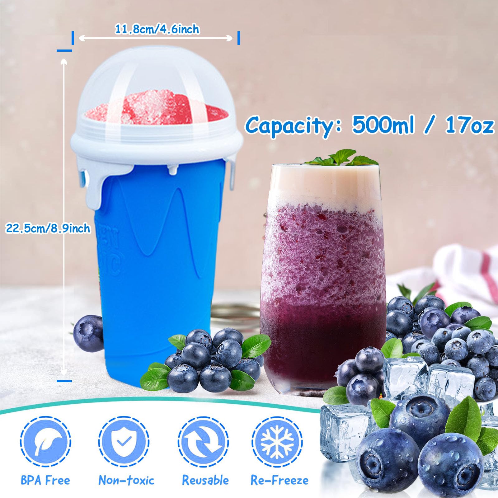 **17oz/500ml Double-Layer Slushie Maker Cup - Quick Frozen Magic Cup for Milk Shakes, Smoothies & Slushies - Fast Cooling & Serving (Blue) - Perfect for Summer Drinks, Parties & Kids Treats**