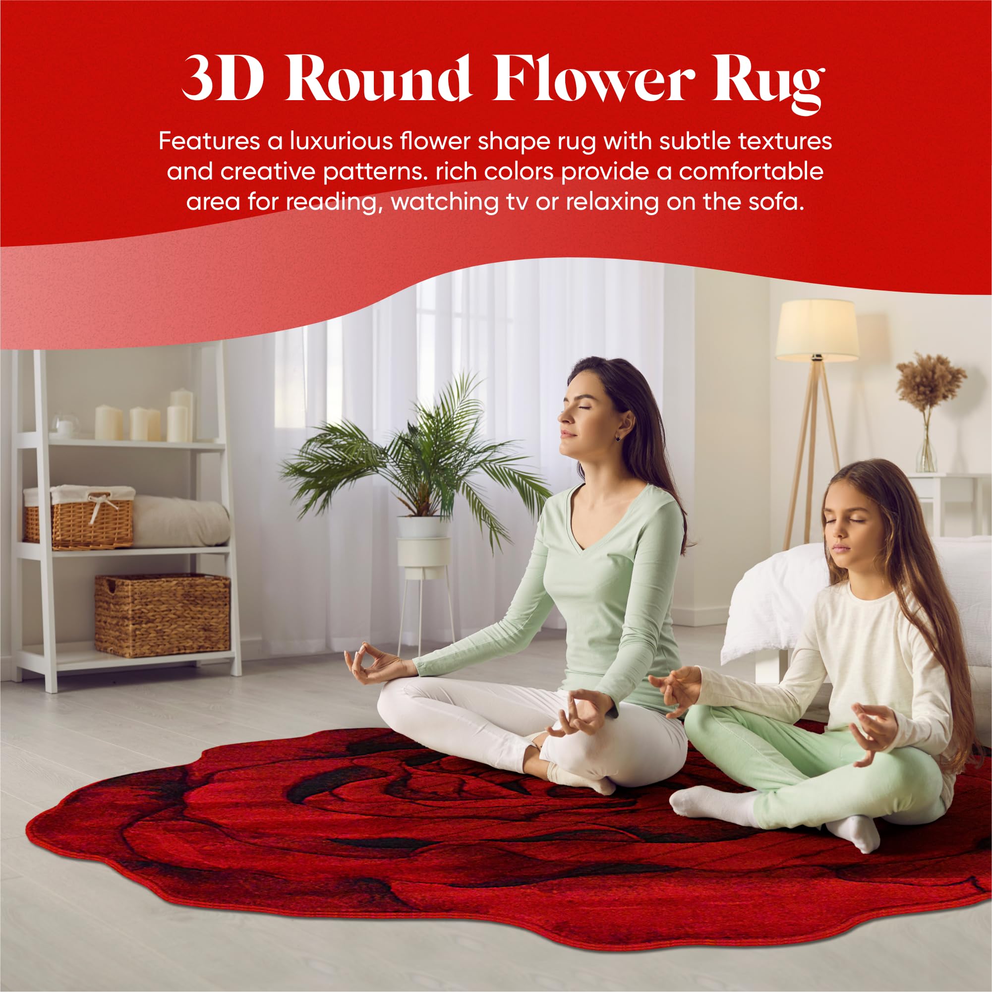5ft Round Rose Flower Shaped Plush Area Rug - Soft Girly Circle Carpet for Bedroom, Living Room Floor Decor | 304 Red | Perfect for Boho Chic Home, Nursery & Dorm Room