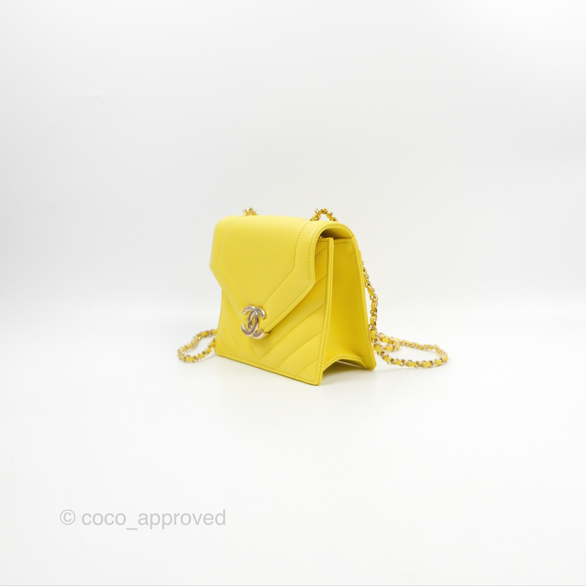 Chanel Chevron Square Envelope Flap Bag in Yellow - 19C Collection | Luxury Crossbody Bag for Women, Perfect for Parties & Evening Events