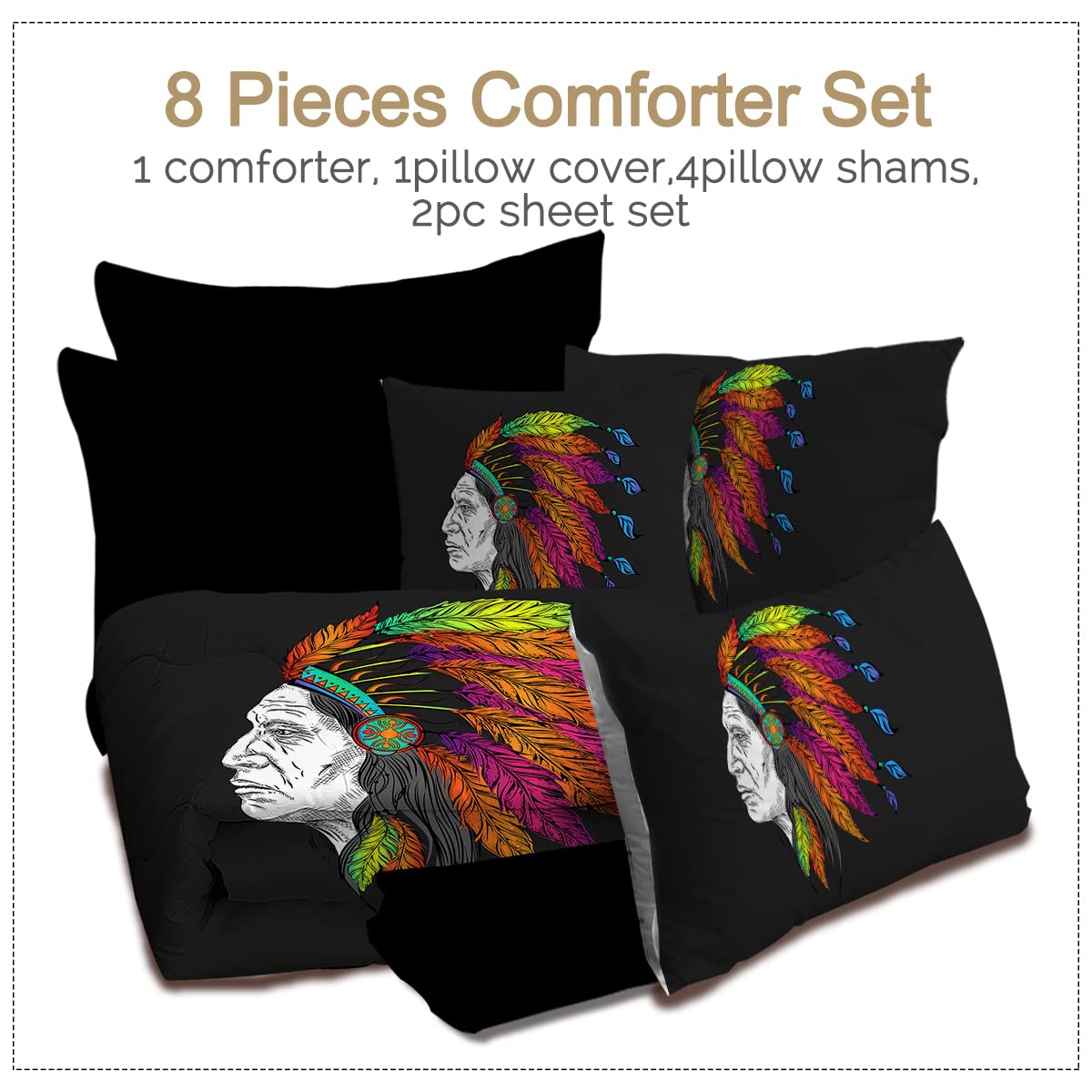 BlessLiving Native American King Comforter Set - 8 Piece Indian Chief Bedding Set with Comforter & Sheets in Black & Colorful Feather Design | Perfect for Southwest, Bohemian & Tribal Themed Bedrooms