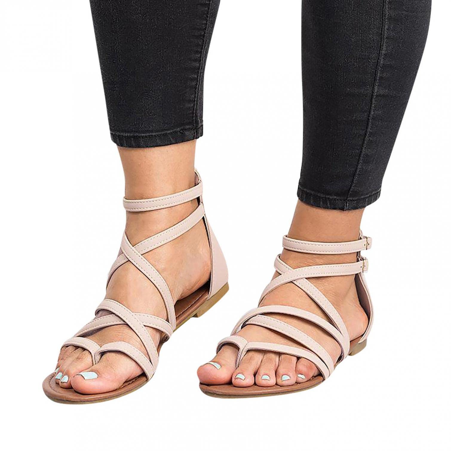**Women's Wide Width Flat Sandals - Strappy Gladiator Sandals with Ankle Strap - Size 8 - Comfortable Casual Summer Shoes for Beach, Walking & Travel**