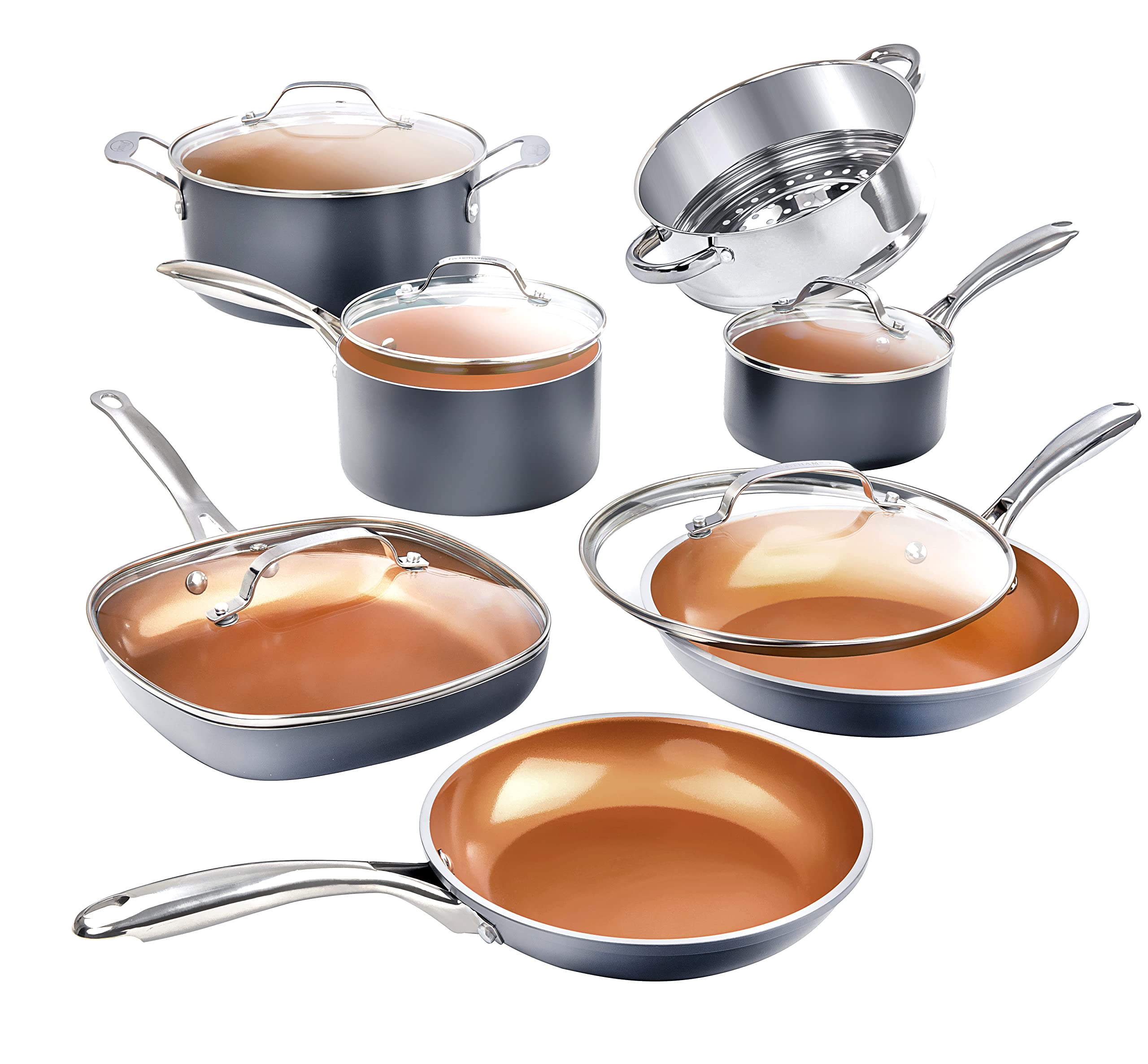 Gotham Steel 12-Piece Nonstick Cookware Set with 5-Quart Stock Pot & Strainer Lid - Dishwasher Safe, Twist & Lock Handles - Perfect for Pasta, Soups & Family Cooking (Graphite, 2023 Edition)