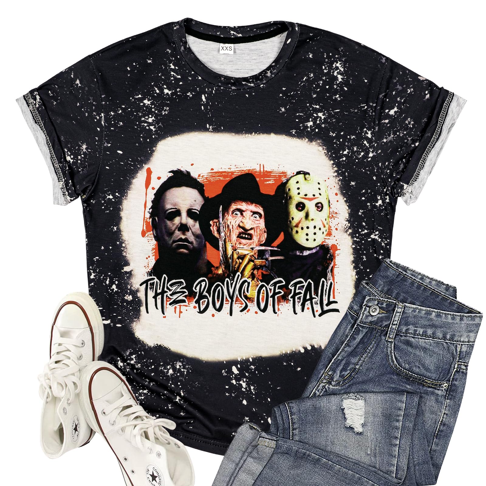 Vintage Bleached Halloween Horror Movie T-Shirt for Women - Scary Graphic Tee Short Sleeve Top | Perfect for Halloween Costumes, Horror Movie Nights & Spooky Events