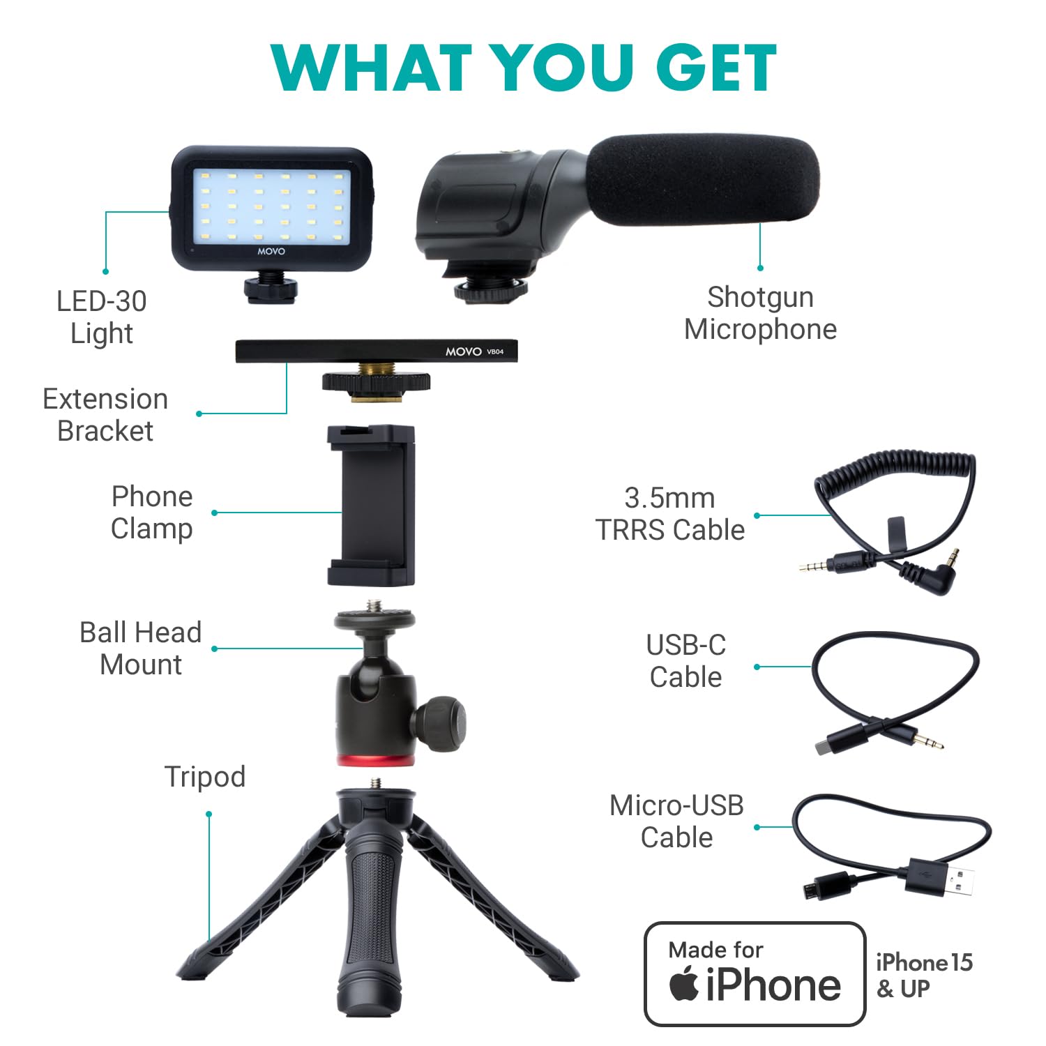 MOVO USB-C Vlogging Kit for iPhone 15/16 Pro - Complete Phone Video Accessories Set with Tripod, Mount, LED Light & Shotgun Mic - Perfect for YouTube Content Creation, TikTok Videos, Podcasting & Live Streaming