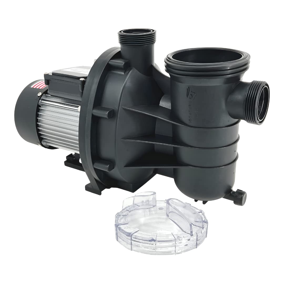 FibroPool 0.75HP Above Ground Pool Pump - 3/4 HP High Efficiency Single Speed Motor with Clear Top Lid - USA Designed & Assembled - Includes Hose Adapters - Perfect for Backyard Swimming Pools, Spas and Water Circulation Systems