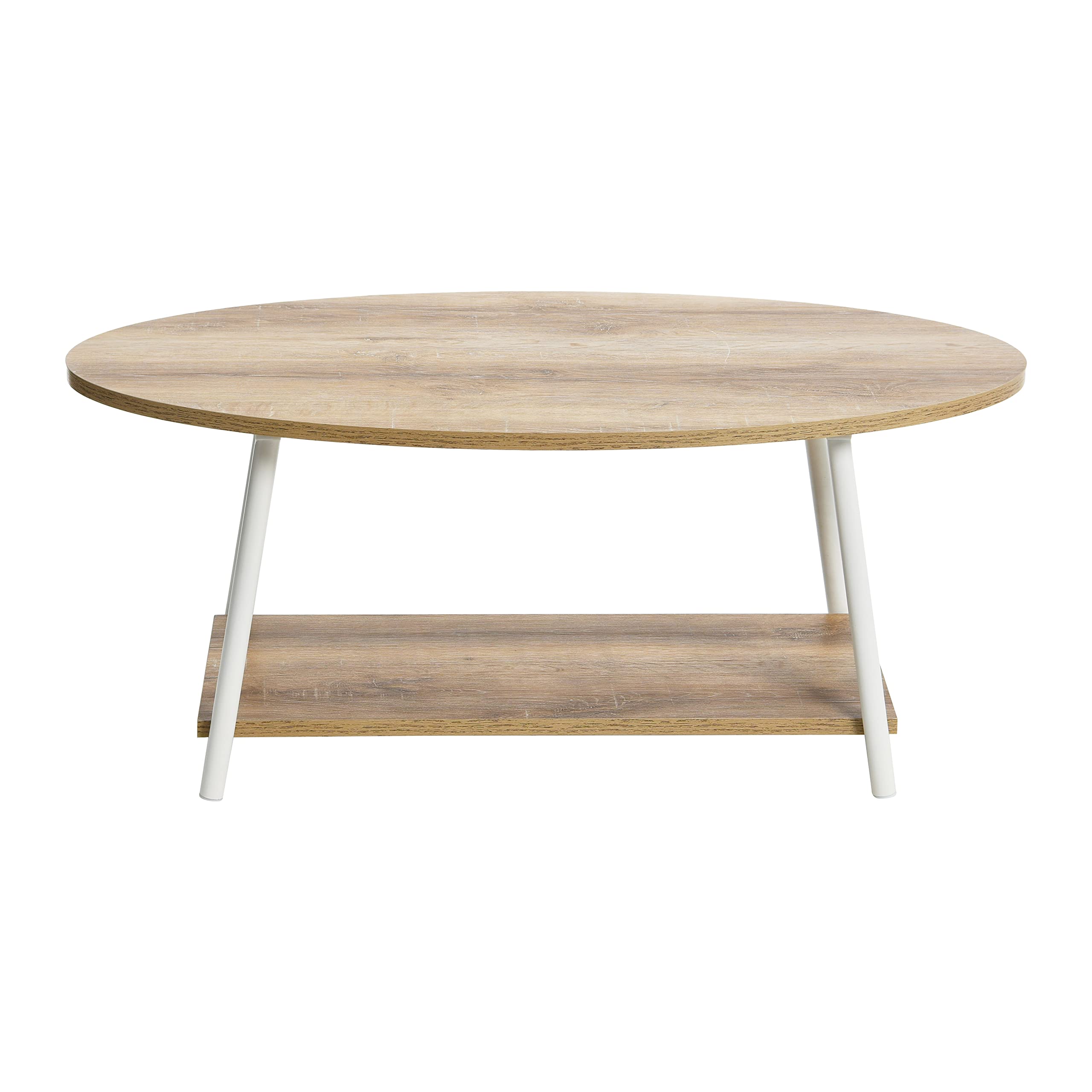 Jamestown Oval Coffee Table with Storage Shelf - Rustic Coastal Oak Wood Grain & White Metal Frame - Perfect for Living Room, Lounge, or Office Decor