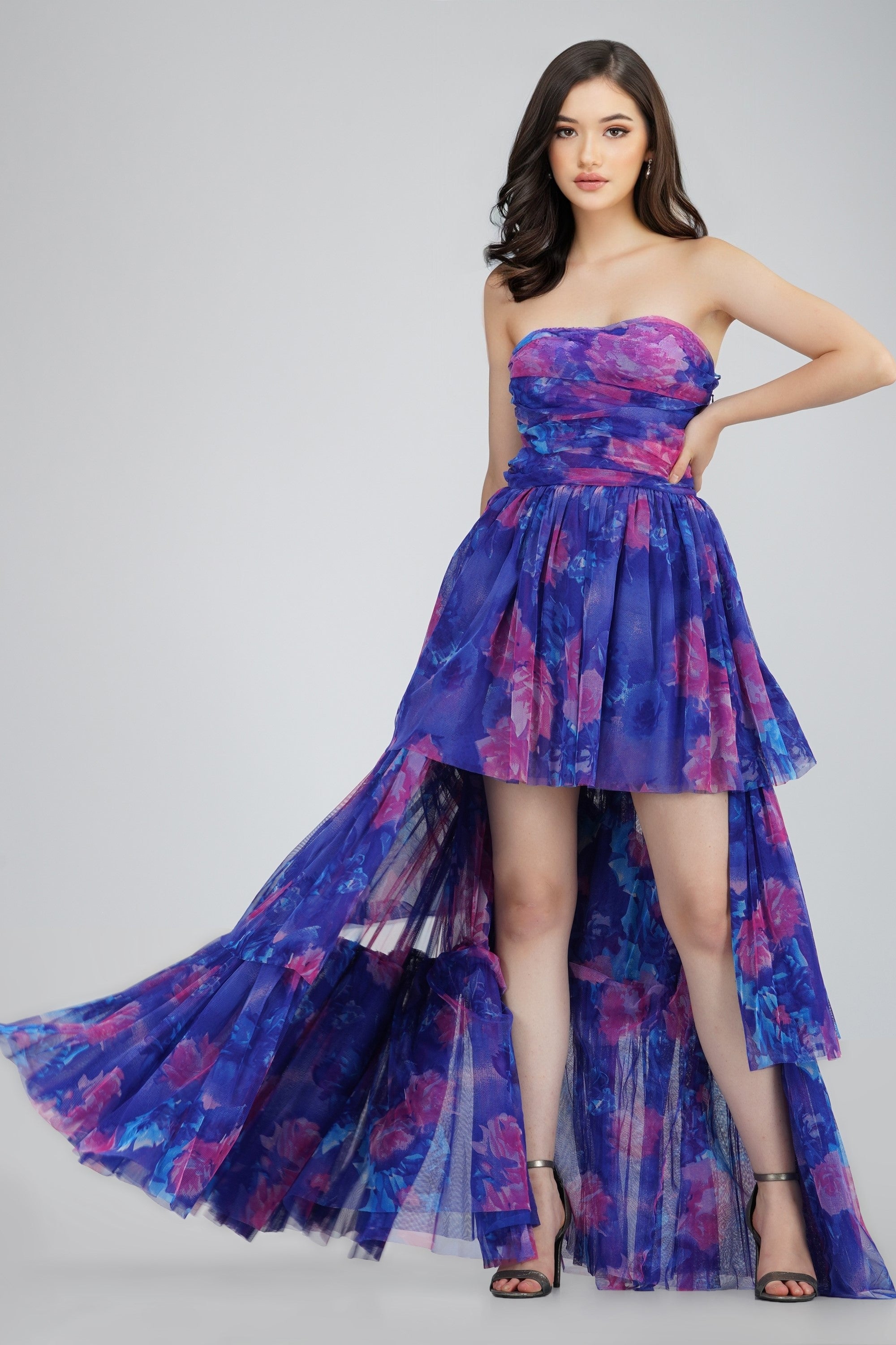 Shiloh High Low Tulle Dress - Blue Floral Print Formal Gown for Prom, Wedding & Special Occasions