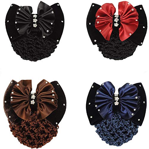 4 PCS Women's Hair Bun Cover Net Snood Set - Elegant Bowknot Bun Covers with Hair Clips for Nurses, Stewardess & Professionals - Perfect for Work Uniforms, Formal Events & Daily Styling