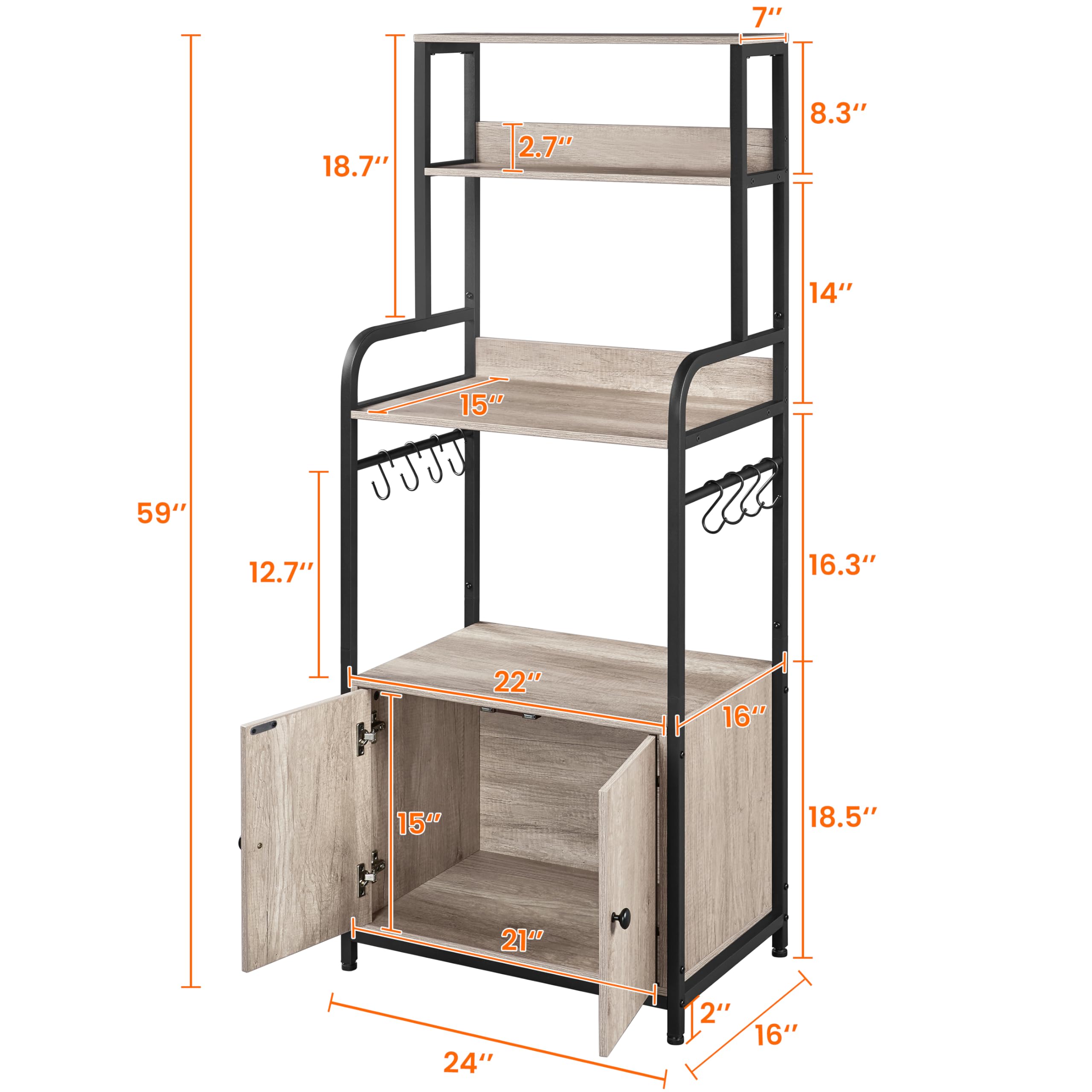 Yaheetech 4-Tier Kitchen Bakers Rack with Storage Cabinet & Hutch - Microwave Stand, Coffee Bar & Pantry Organizer with 8 S-Hooks - Freestanding Kitchen Shelves & Spice Rack in Gray - Perfect for Small Kitchens, Dining Rooms & Home Organization