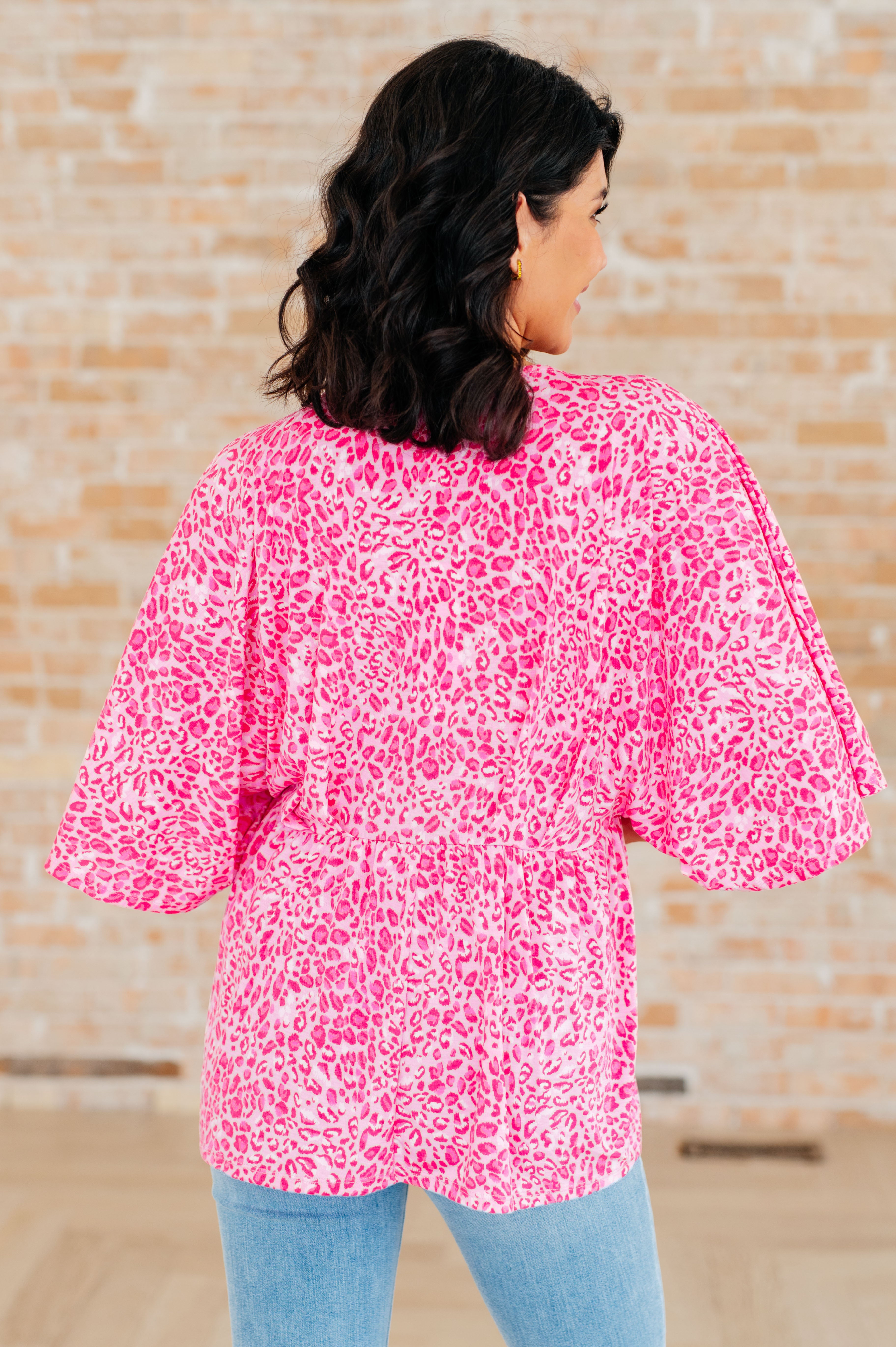 Dreamer Peplum Top in Pink Leopard Print - Women's Fashion Blouse for Casual Wear & Party Outfits