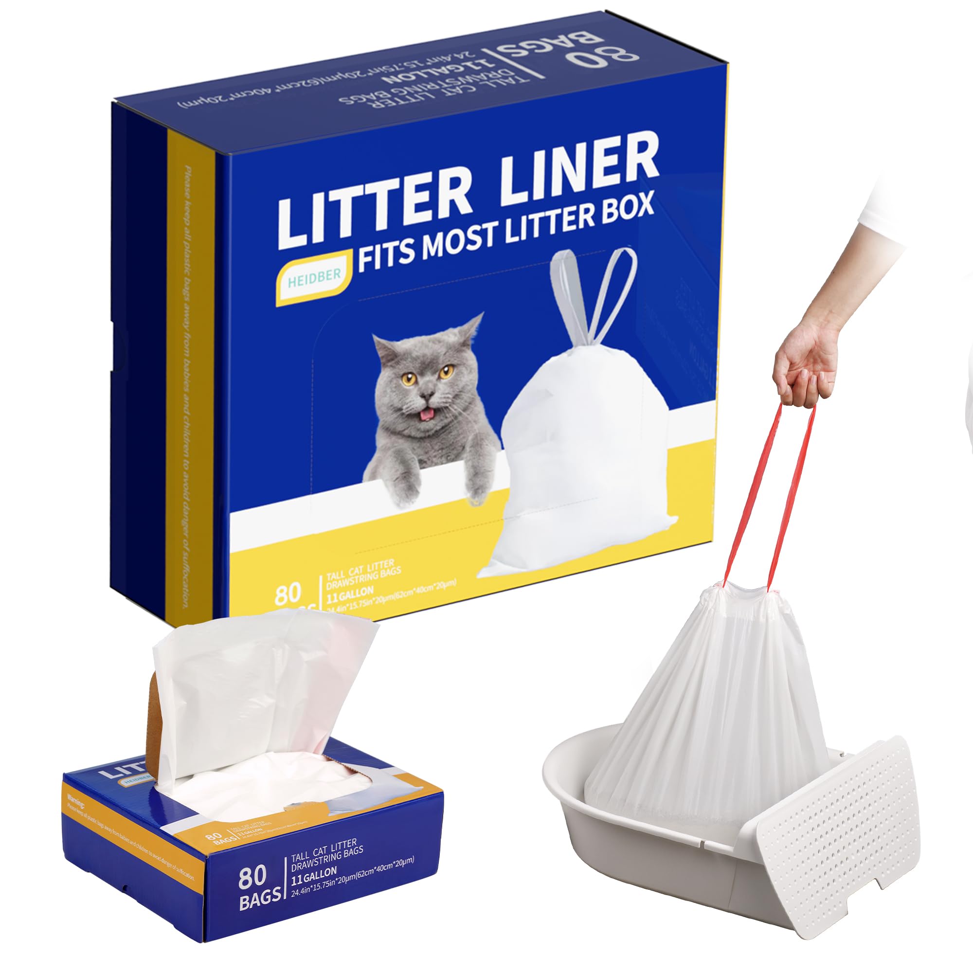 80 Pack Drawstring Litter Liners for Self-Cleaning Cat Boxes - Thick Waste Bags Compatible with Litter Robot 3 & 4 | Odor Control Pet Waste Disposal | Perfect for Home, Kitchen Trash Cans & Automatic Litter Boxes