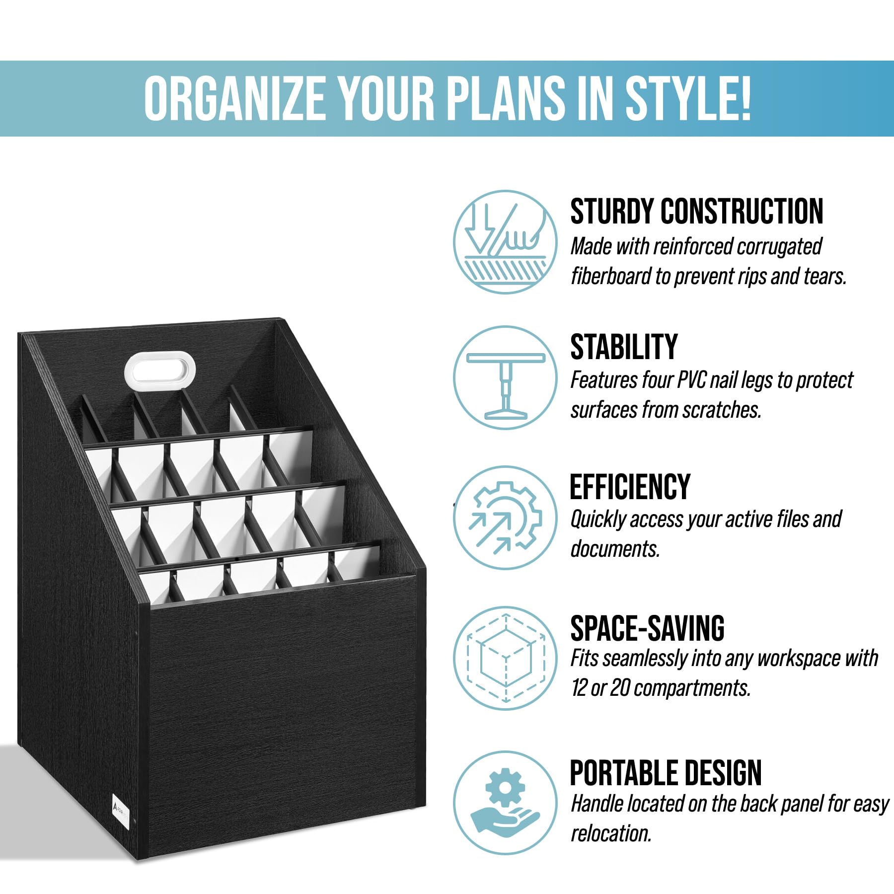 Adir Wooden Blueprint Storage Organizer Cart - Black Plan & Blueprint Holder, Poster & Map Storage Cabinet for Architects, Engineers & Construction Professionals - Perfect for Office, Studio & Job Site Organization