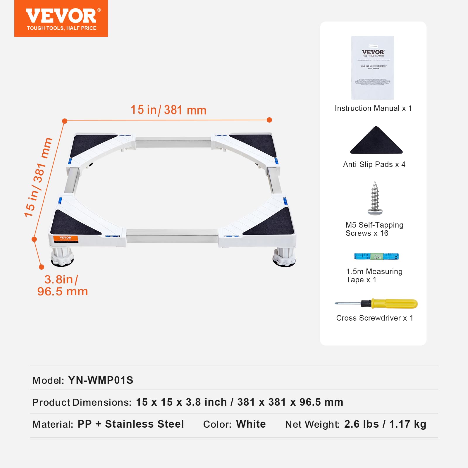 VEVOR Adjustable Universal Appliance Stand - Mini Fridge Riser with 4 Strong Feet, Washer Dryer Pedestal Base (15