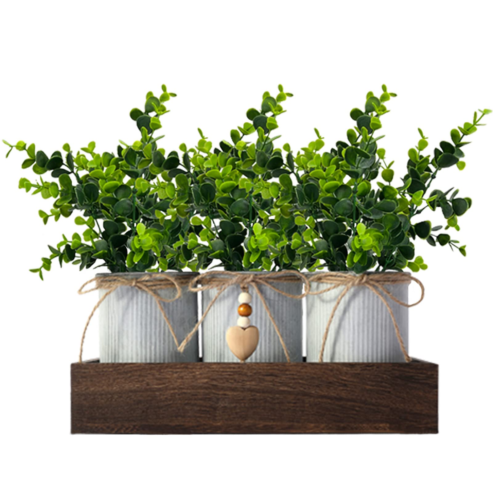 Frosty Green Eucalyptus Artificial Flower Arrangement with 3 Rustic Metal Pots & Wood Tray - Farmhouse Table Centerpiece for Wedding, Dining Room, and Home Décor