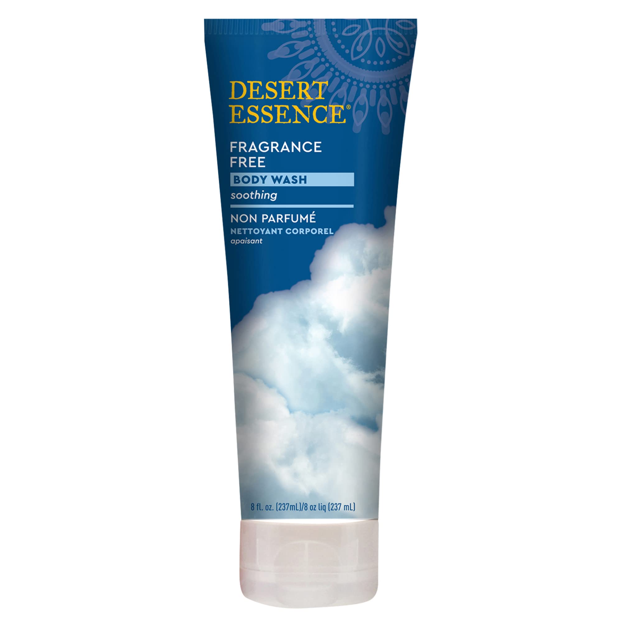 Desert Essence Fragrance Free Body Wash for Sensitive Skin - Organic Aloe, Green Tea & Jojoba Oil - Vegan, Gluten-Free, Cruelty-Free Plant-Based Cleanser with Antioxidants - 8oz - Perfect for Dry, Irritated Skin & Daily Gentle Cleansing