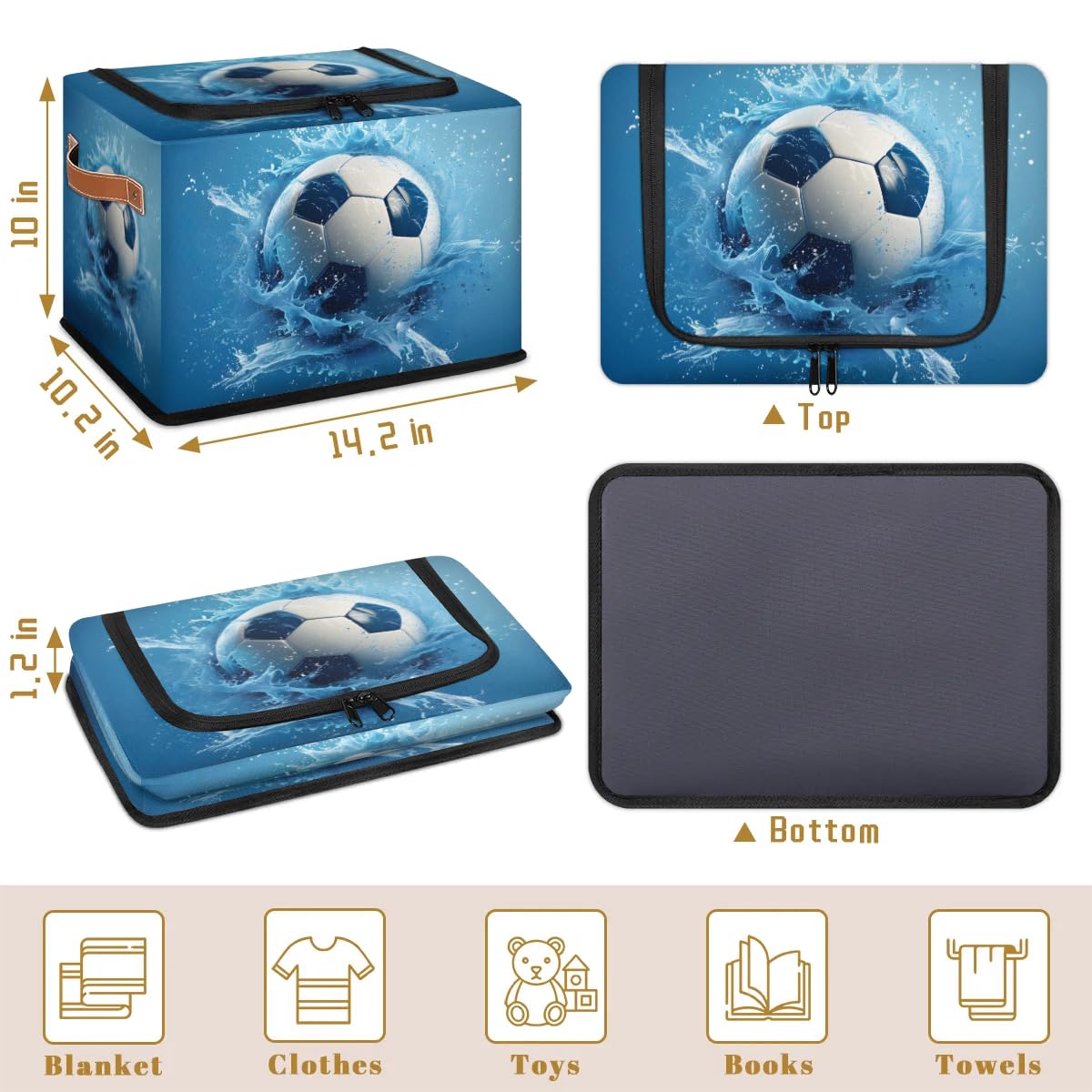Football Storage Bins with Zipper Lid & Handle - 14.2x10.2x10 Inch Stackable Foldable Collapsible Storage Boxes - Set of 2 for Closet, Bedroom & Kids Room Organization