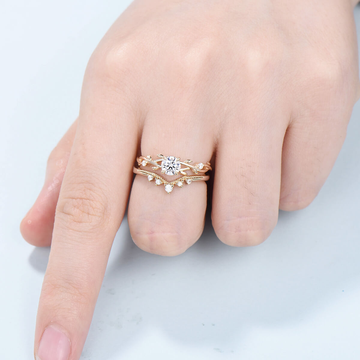 5mm Round Brilliant Moissanite Engagement Ring Set - Nature Inspired Leaf Branch Wedding Band, Unique Twig Bridal Jewelry for Women | Perfect for Proposals, Anniversaries & Romantic Occasions