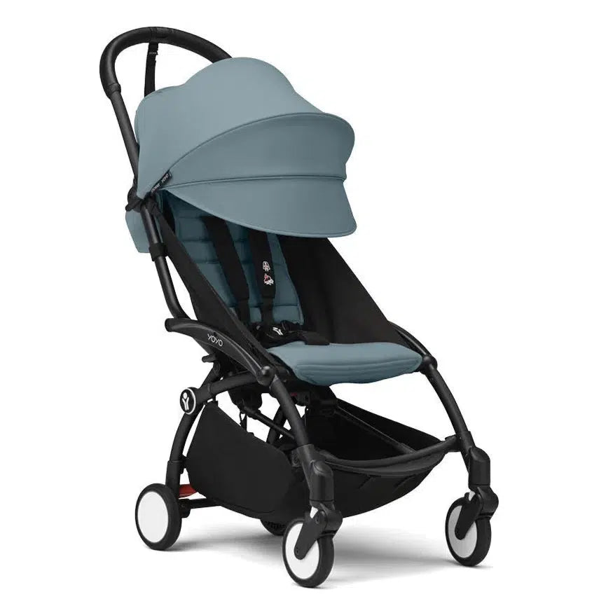 Stokke YOYO 3 Lightweight Baby Stroller for 6+ Months - Black Frame with Aqua Fabric | Compact Foldable Travel Stroller for Airplane, Shopping & City Walks