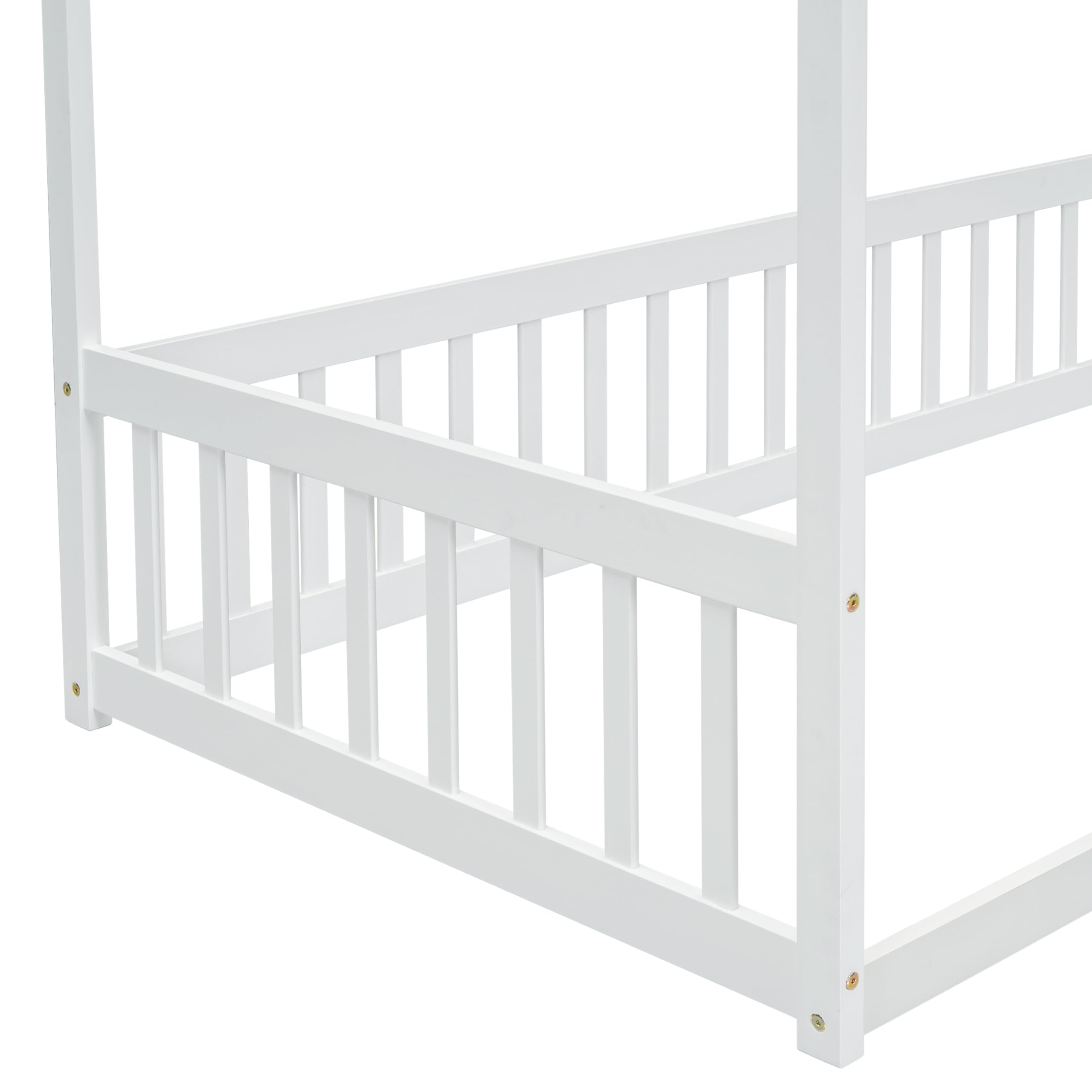 Twin Size Canopy Bed Frame with Guardrails for Kids - Wooden Four Poster Montessori Floor Bed for Girls & Boys (White) - Perfect for Bedrooms, Playrooms & Montessori Learning Spaces