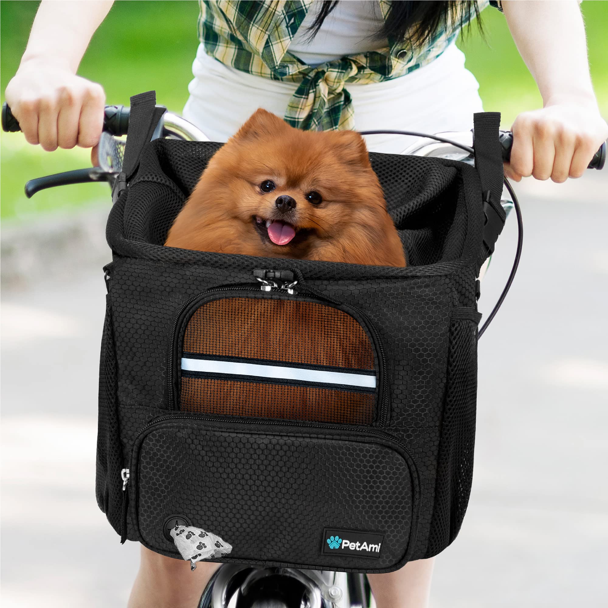 PetAmi Dog Bike Basket - Ventilated Pet Carrier for Small Dogs & Cats | Handlebar-Mounted Bicycle Basket with Mesh Windows, Soft Sherpa Bed & Safety Strap | Perfect for Cycling Adventures, Park Visits & Outdoor Travel with Your Pet