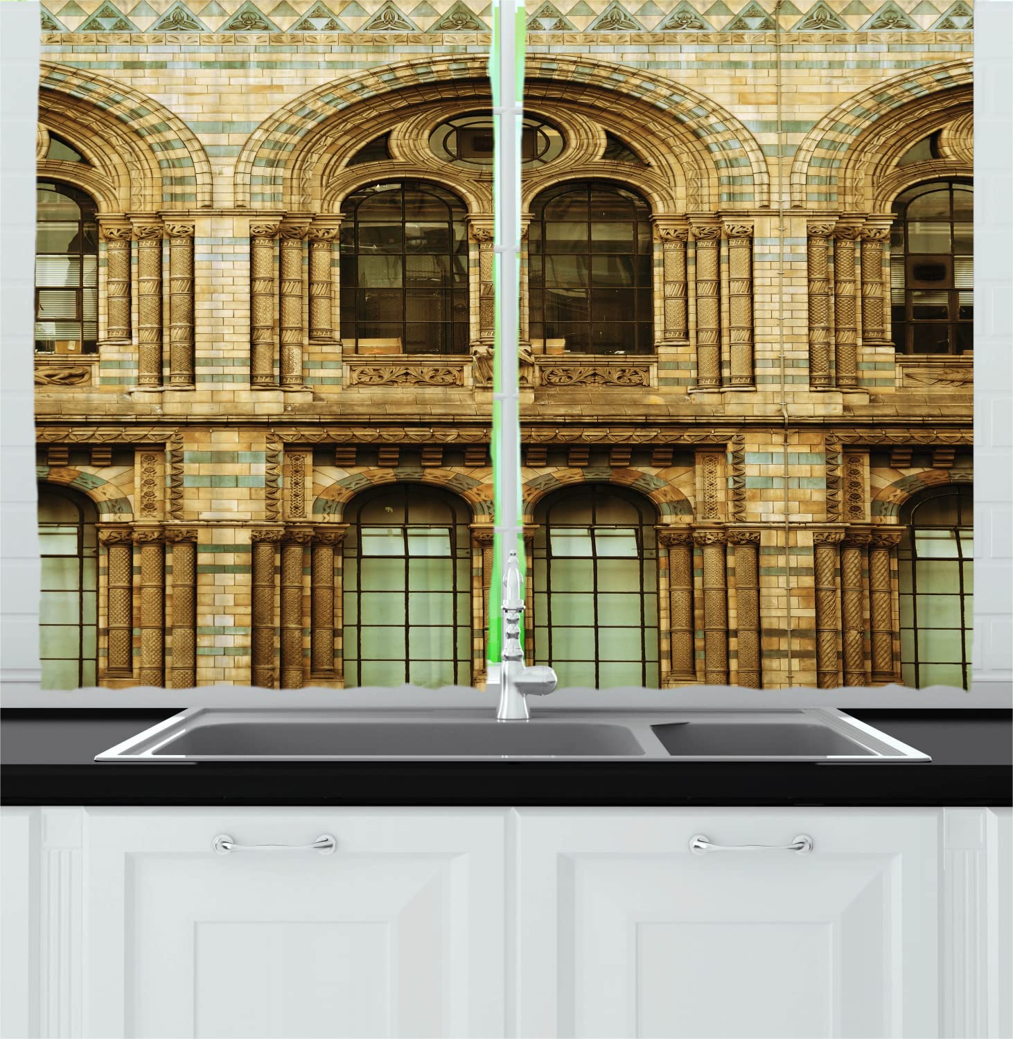 Ambesonne Urban Long Kitchen Curtains - Vintage London Architecture Print Drapes with Rod Pocket, 55