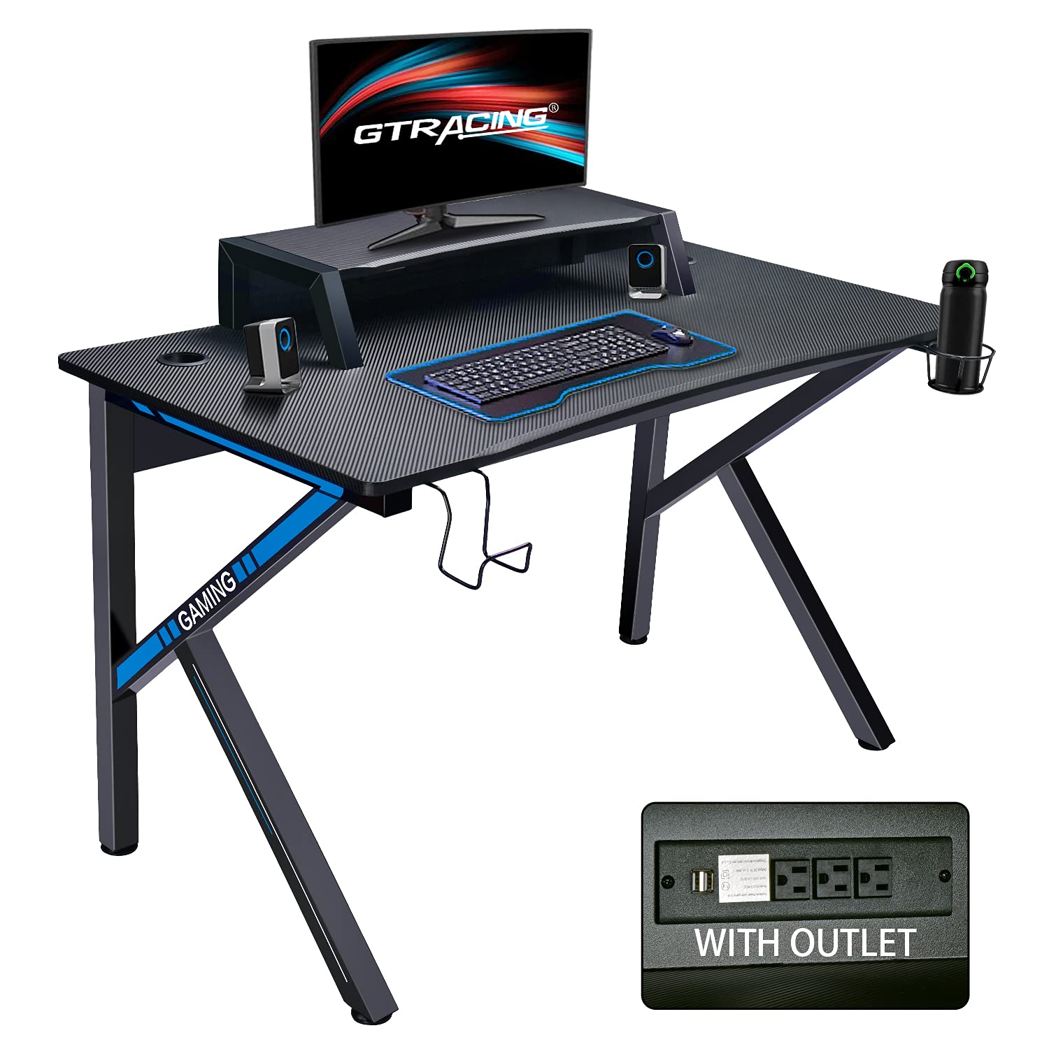 GTRACING 45 Inch K-Shaped Gaming Desk with Built-in Power Strip, Carbon Fiber Surface, Monitor Stand, Hook & Cup Holder - Ergonomic Home Office & Gaming Setup (Blue) | Perfect for PC Gaming, Streaming & Workstations