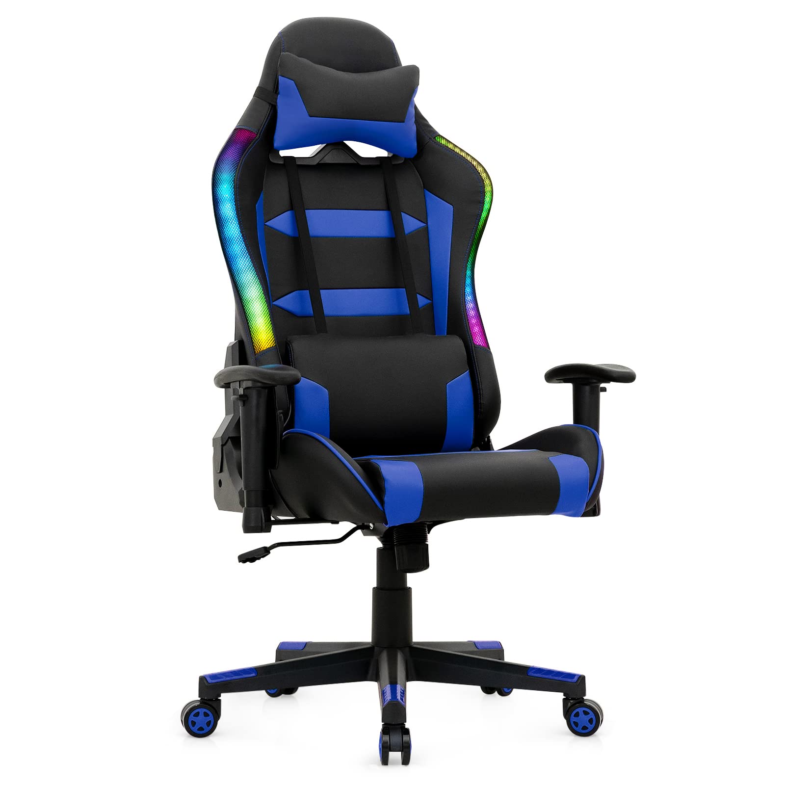 Giantex RGB Gaming Chair with LED Lights - Ergonomic High Back E-Sport Computer Chair with Adjustable Headrest & Lumbar Support - Blue PVC Leather Racing Style Gaming Chair for PC, Console & Office Use