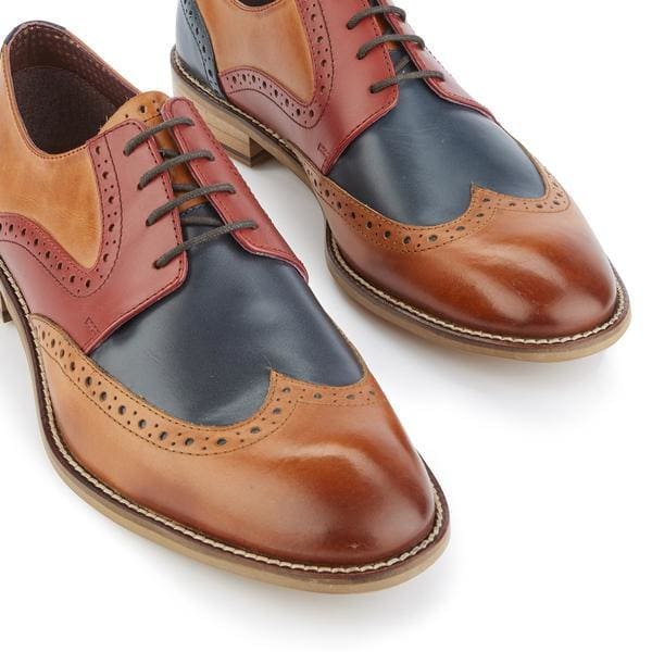 Men's London Brogues Tommy Derby Shoes in Tan, Blue & Red - Classic Oxford Style for Formal & Casual Wear